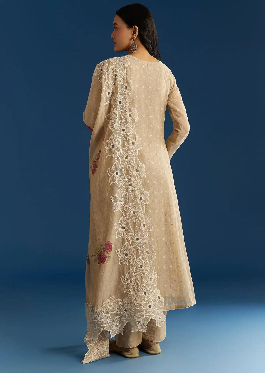 Beige Jamdani Butti Anarkali Dress Featuring Cutwork Drape