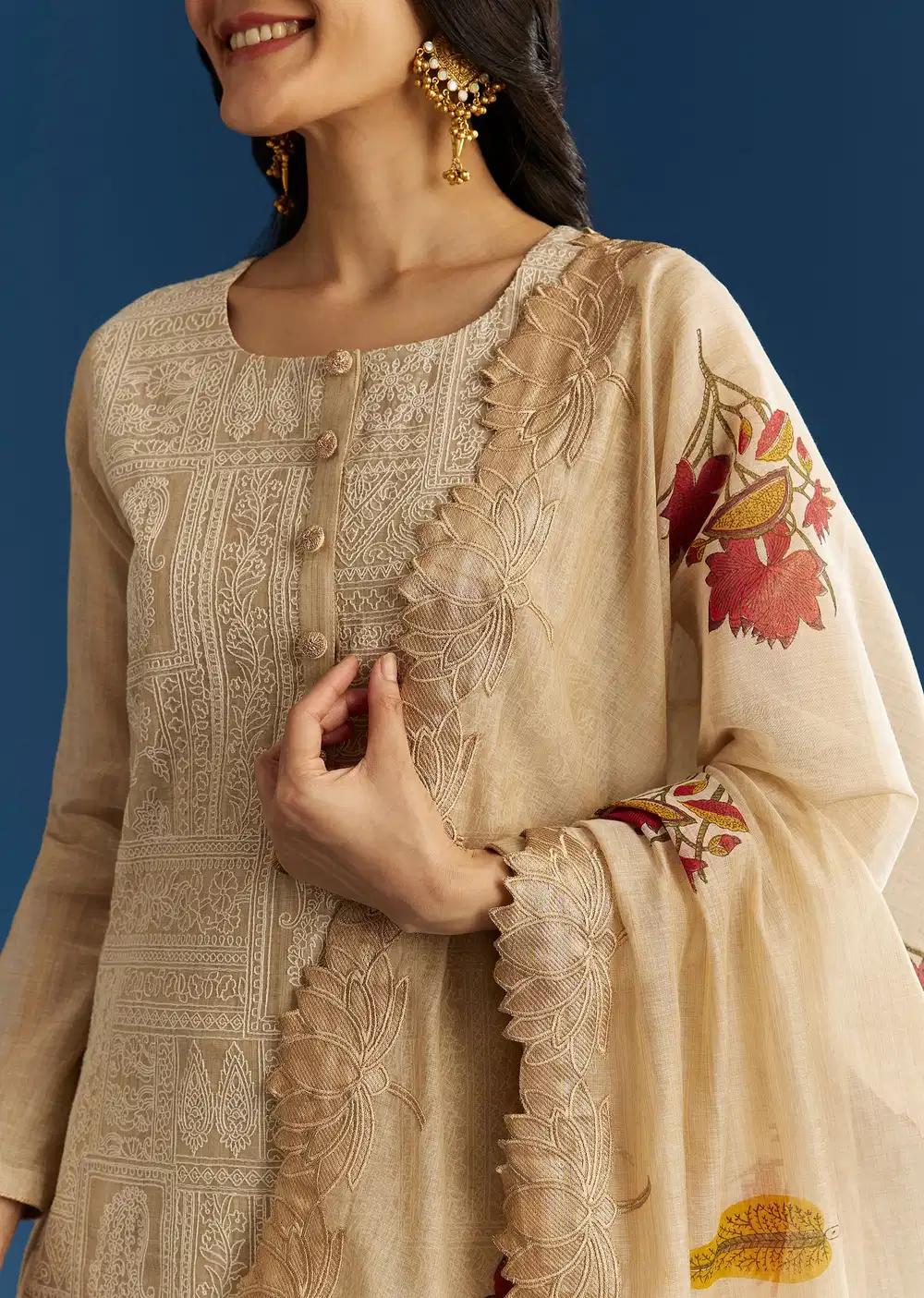 Beige Jamdani Cotton Kurta Ensemble With Thread Work And Block Print Dupatta Outfit