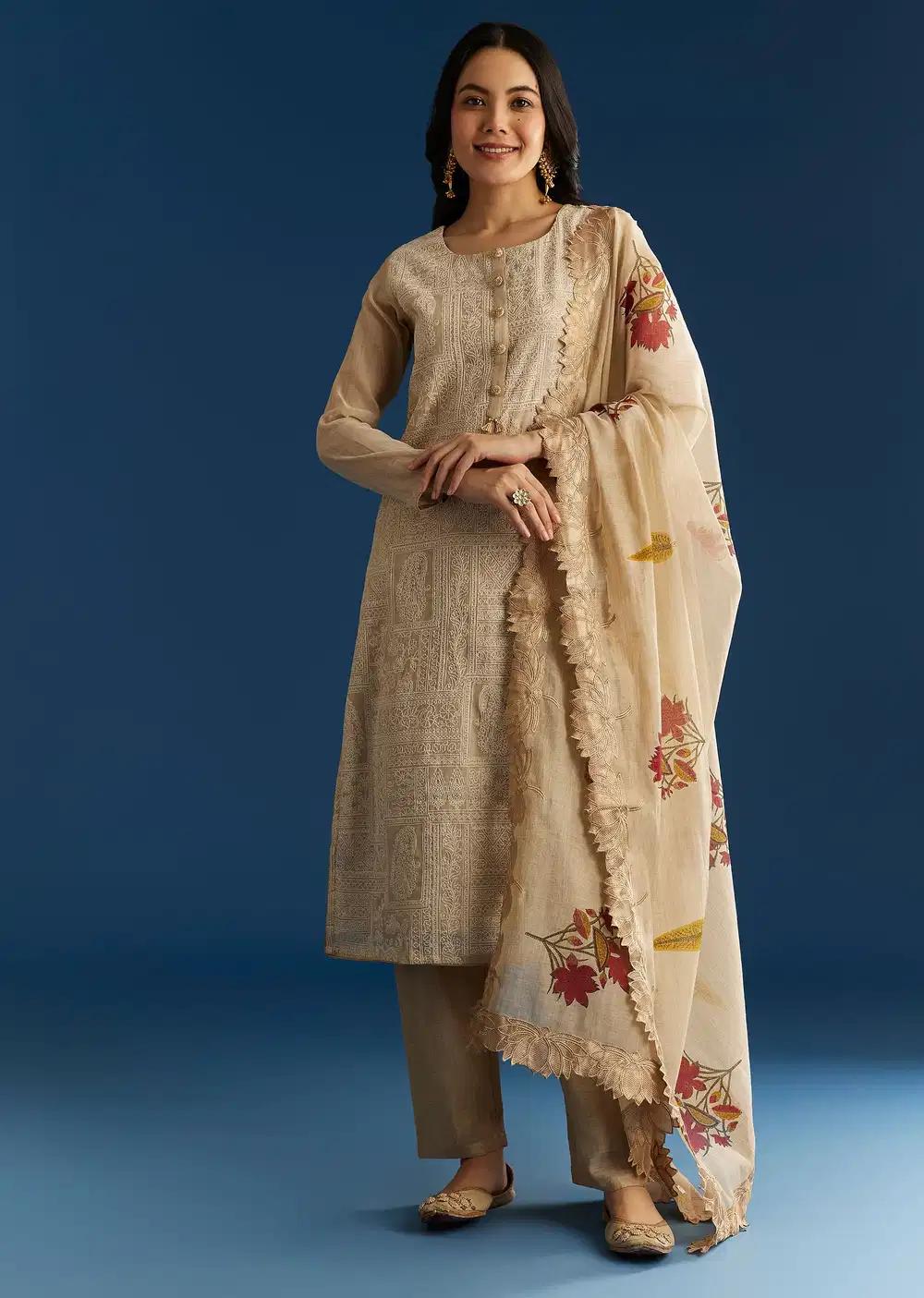 Beige Jamdani Cotton Kurta Ensemble With Thread Work And Block Print Dupatta Outfit