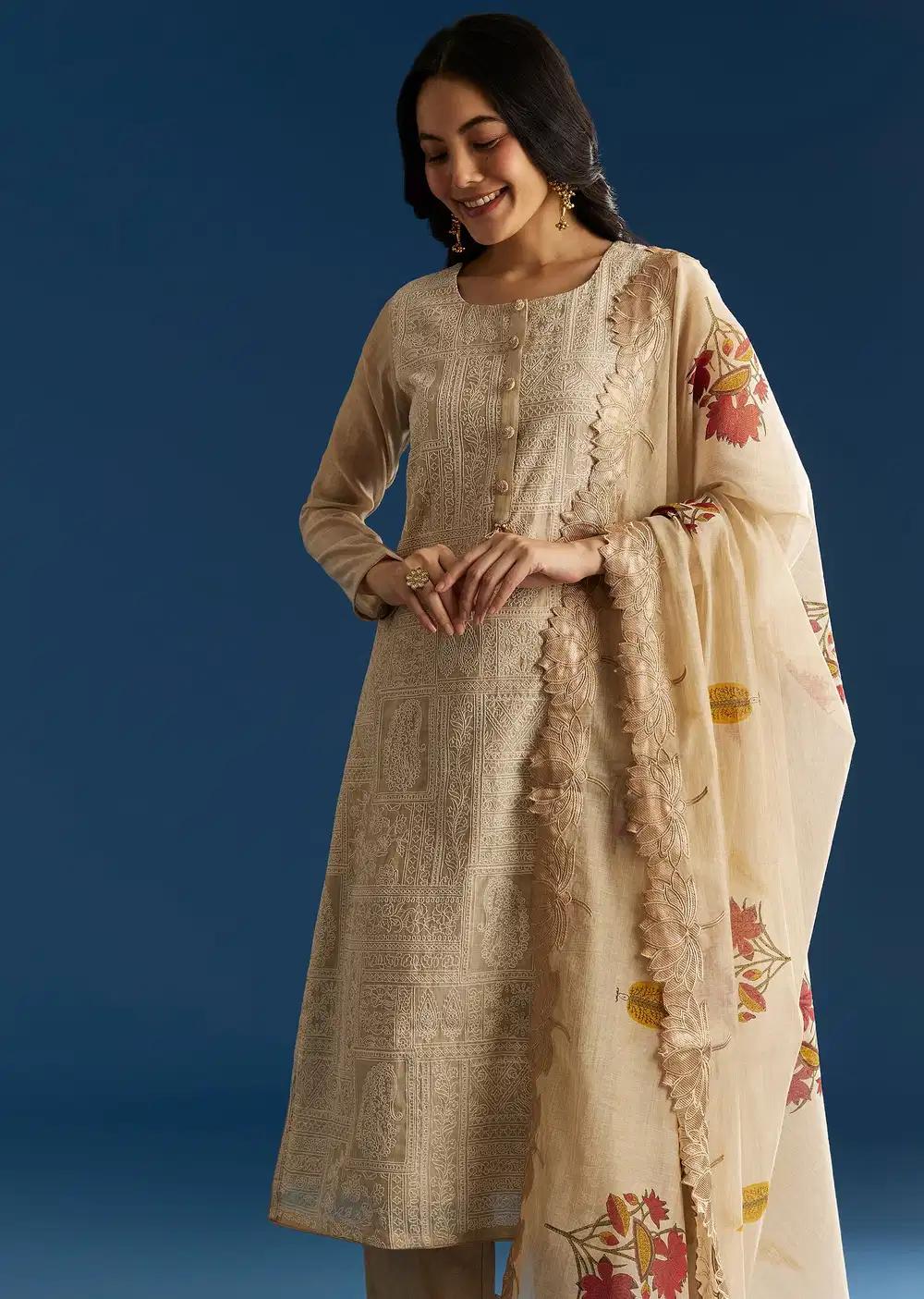Beige Jamdani Cotton Kurta Ensemble With Thread Work And Block Print Dupatta Outfit