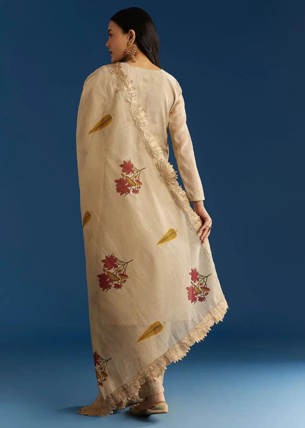 Beige Jamdani Cotton Kurta Ensemble With Thread Work And Block Print Dupatta Outfit