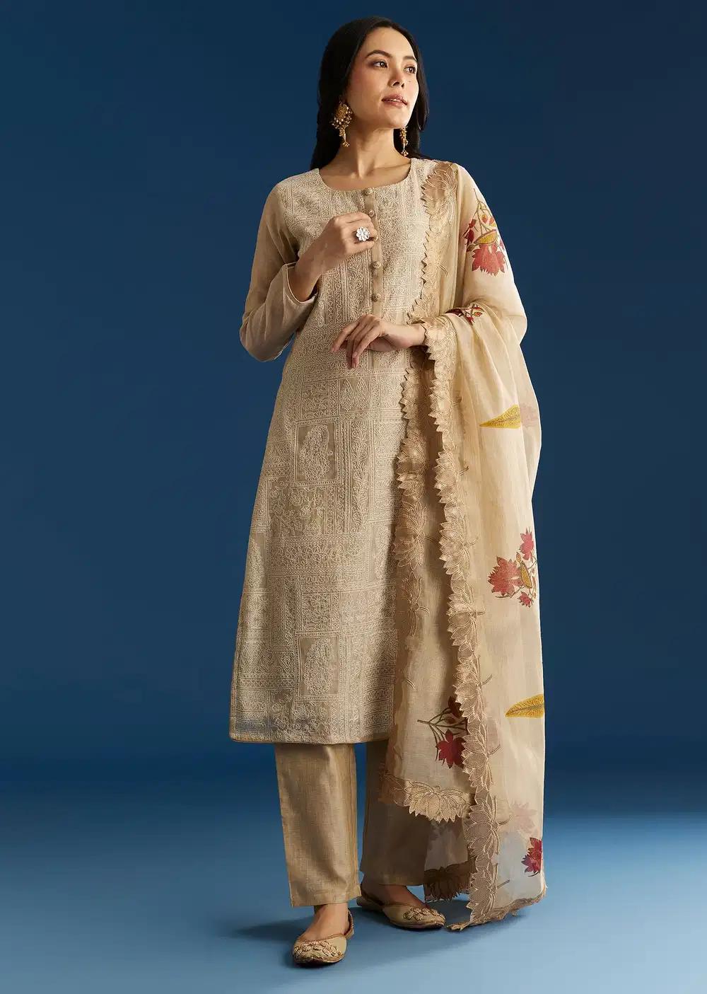 Beige Jamdani Cotton Kurta Ensemble With Thread Work And Block Print Dupatta Outfit