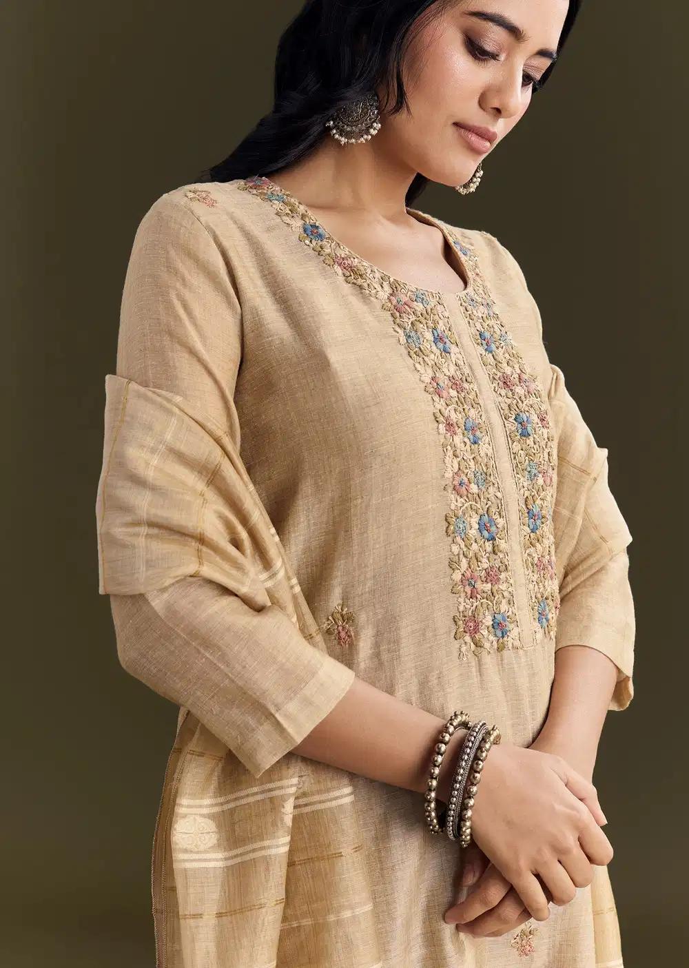 Beige Jamdani Cotton Kurta Pant Ensemble With Zari Dupatta Outfit