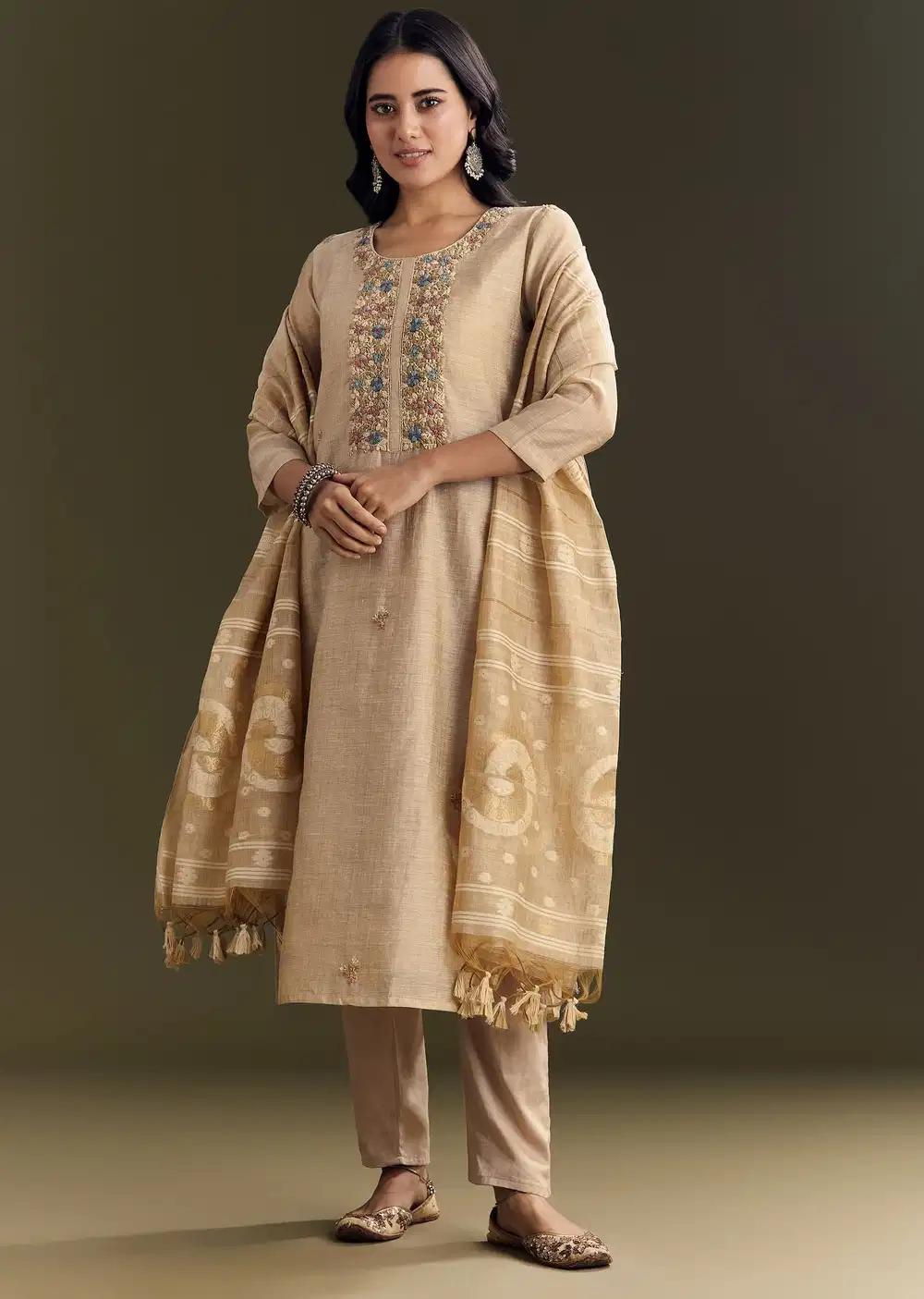 Beige Jamdani Cotton Kurta Pant Ensemble With Zari Dupatta Outfit