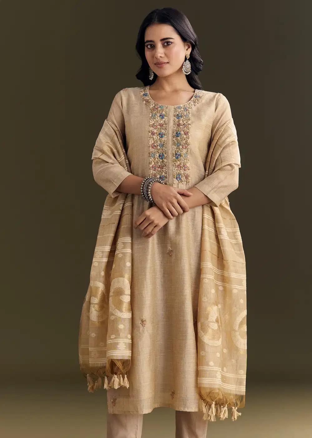 Beige Jamdani Cotton Kurta Pant Ensemble With Zari Dupatta Outfit