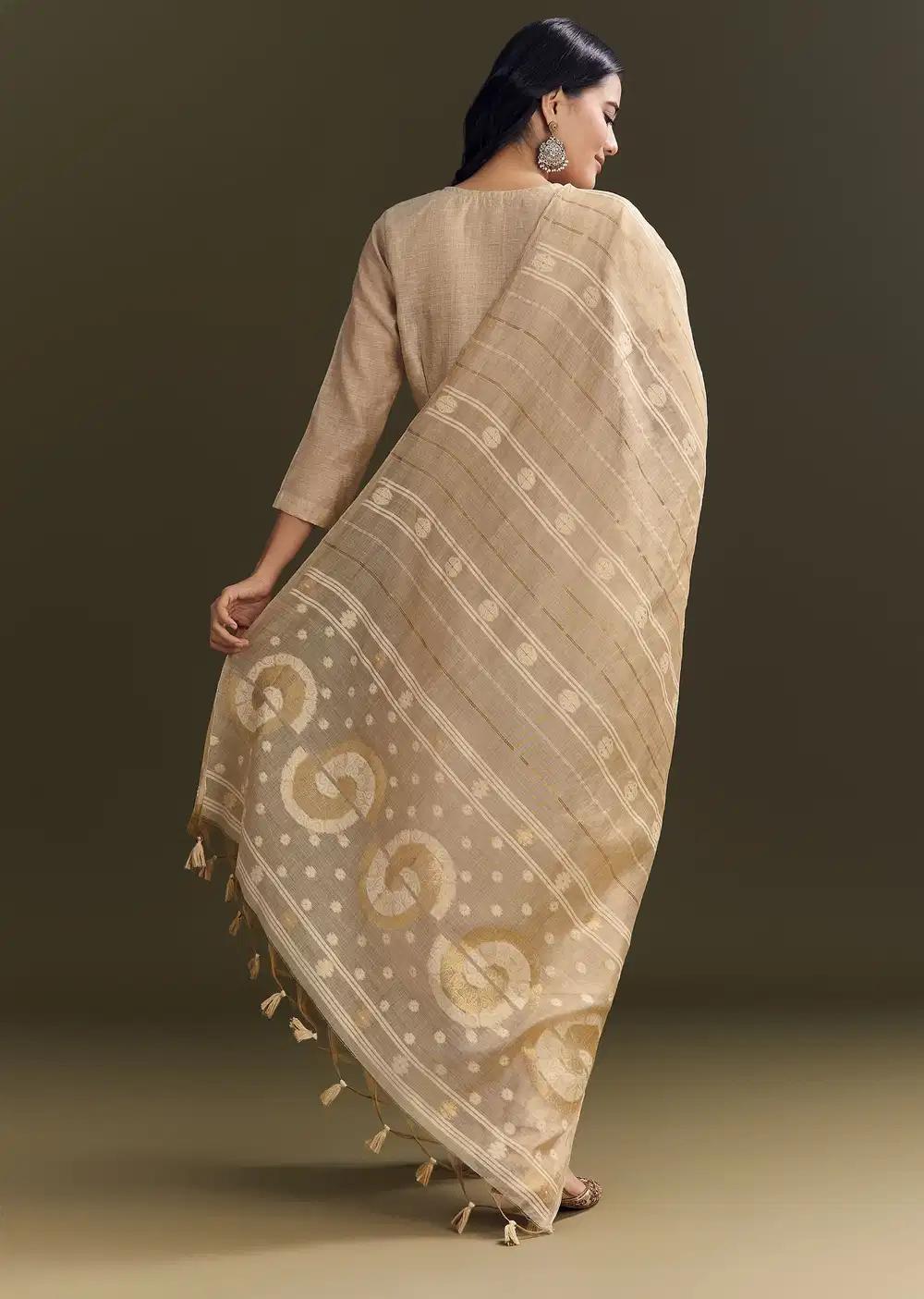 Beige Jamdani Cotton Kurta Pant Ensemble With Zari Dupatta Outfit