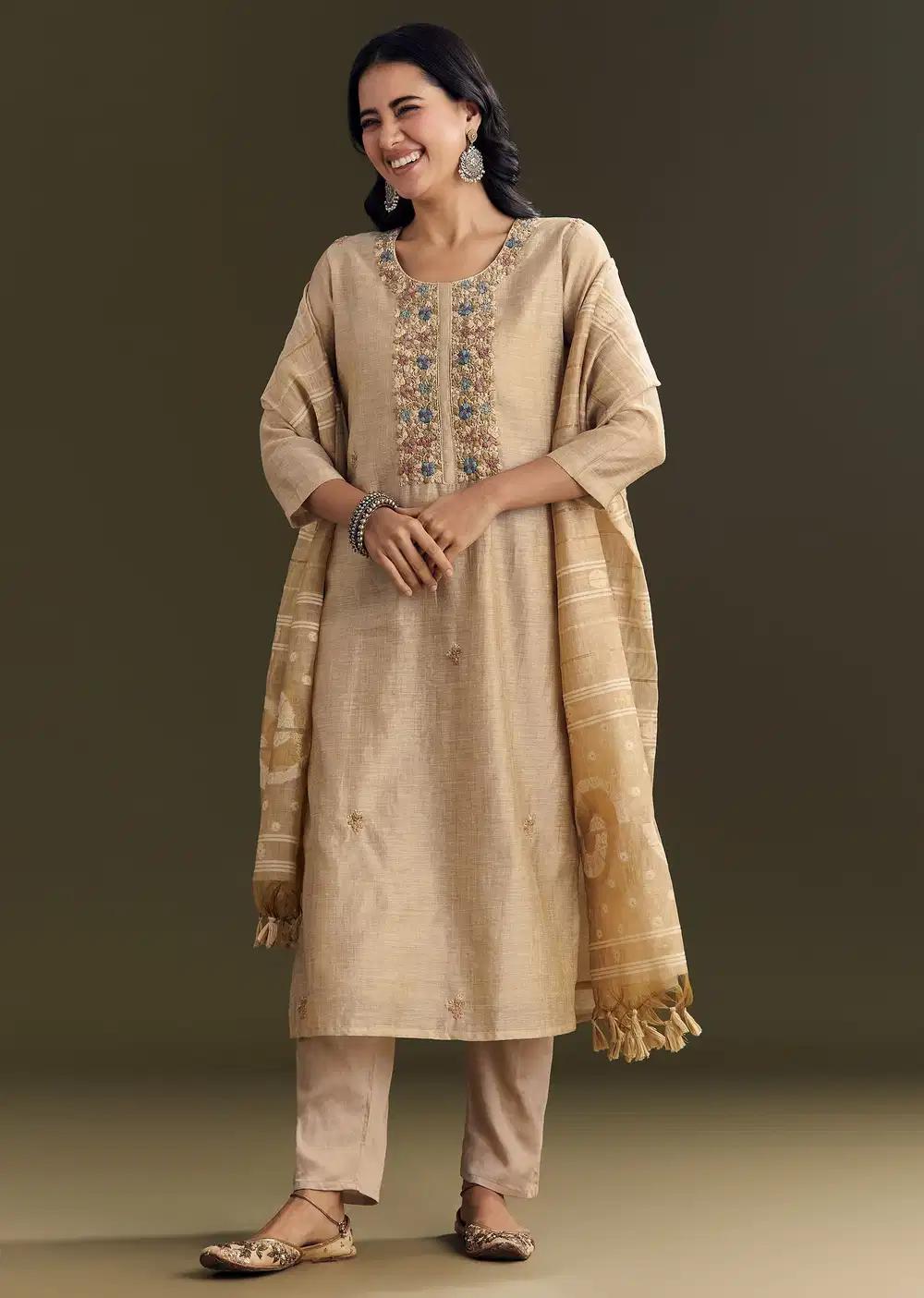 Beige Jamdani Cotton Kurta Pant Ensemble With Zari Dupatta Outfit