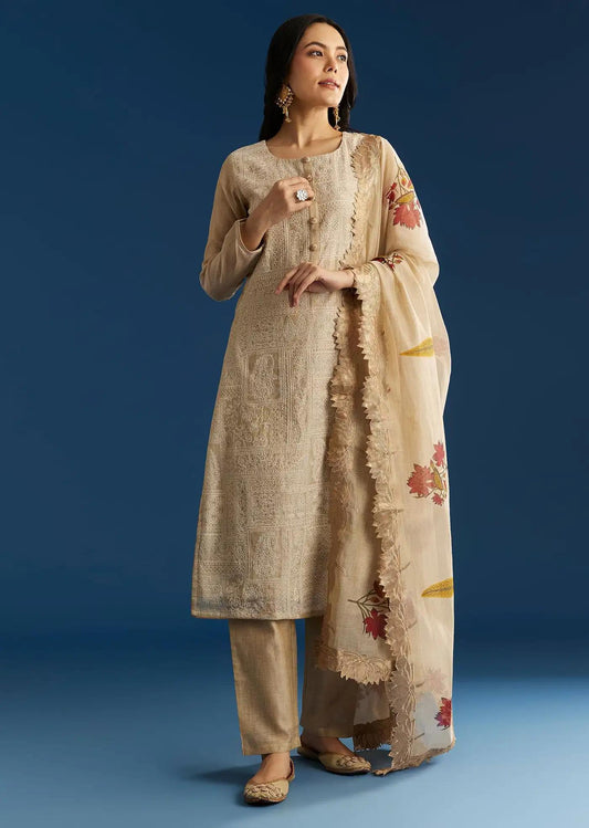 Beige Jamdani Cotton Tunic Ensemble Featuring Thread Detailing Block Print Drape