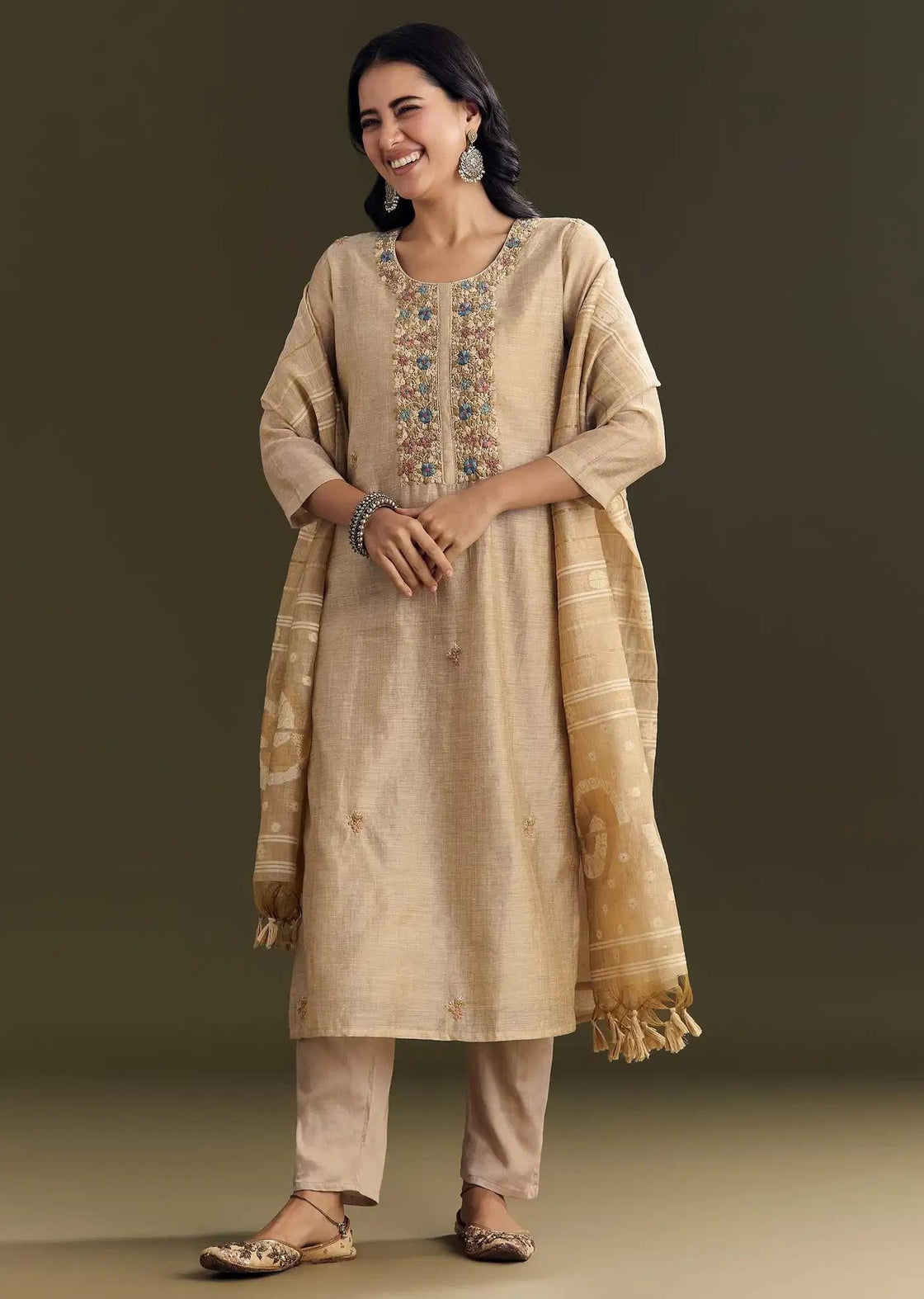 Beige Jamdani Cotton Tunic Trouser Ensemble Featuring Zari Drape