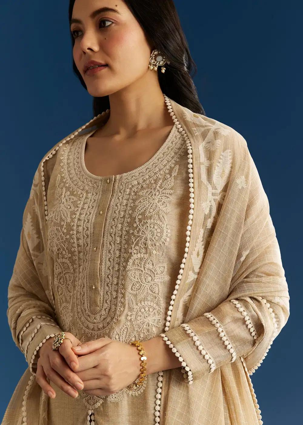 Beige Jamdani Kurta Ensemble With Thread And Sequins Work Outfit