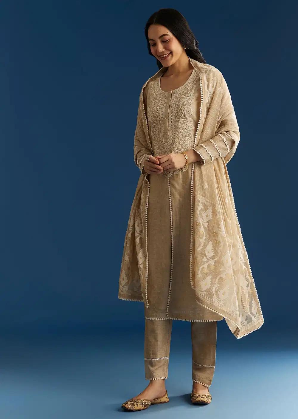 Beige Jamdani Kurta Ensemble With Thread And Sequins Work Outfit
