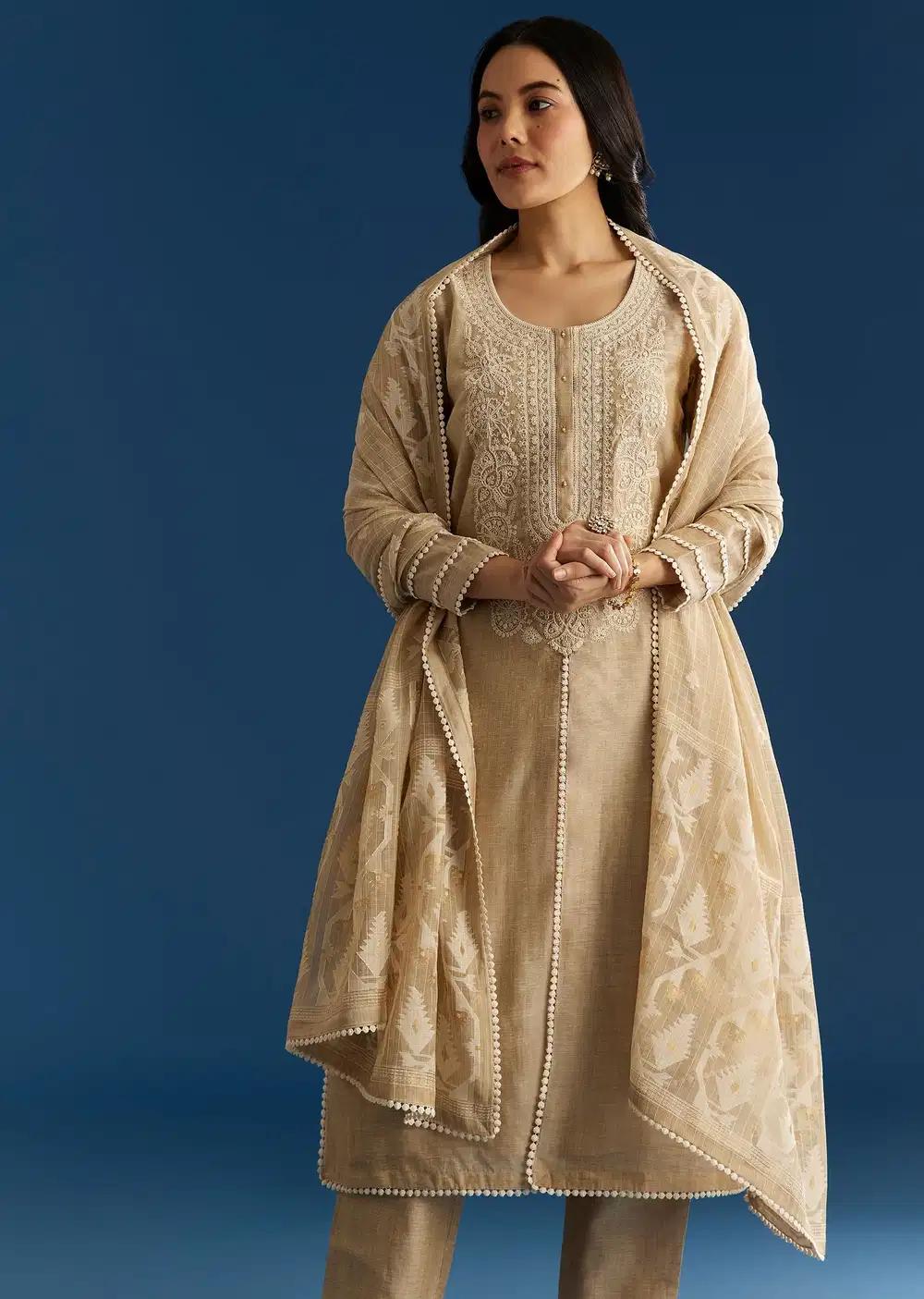 Beige Jamdani Kurta Ensemble With Thread And Sequins Work Outfit