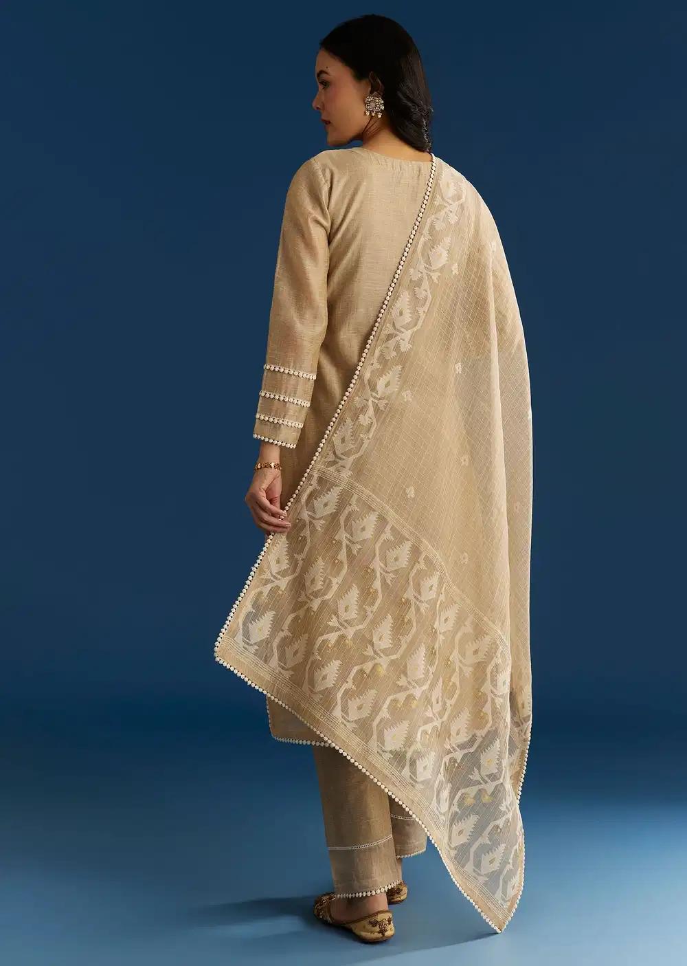 Beige Jamdani Kurta Ensemble With Thread And Sequins Work Outfit