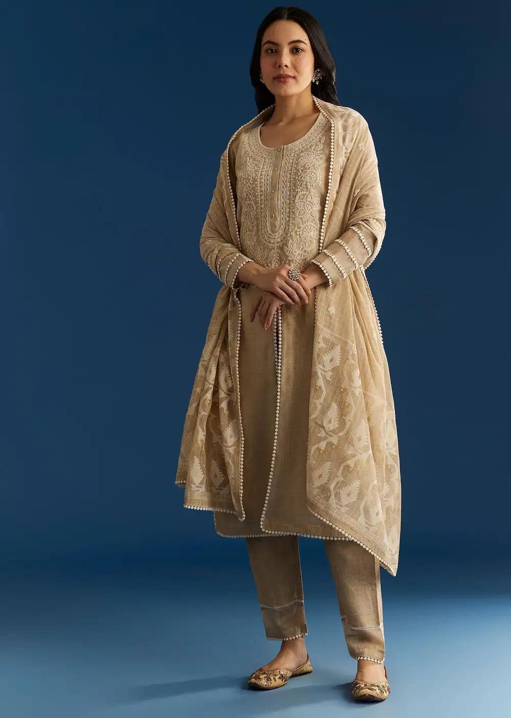 Beige Jamdani Kurta Ensemble With Thread And Sequins Work Outfit