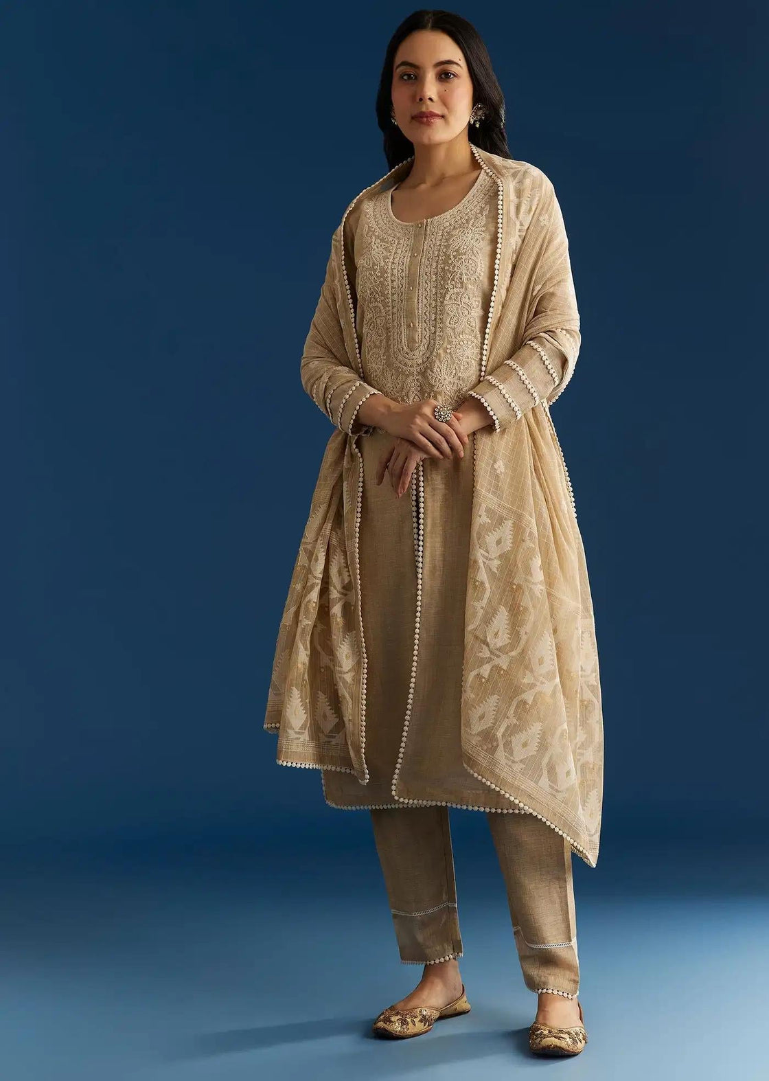 Beige Jamdani Tunic Ensemble Featuring Thread Sequins Detailing