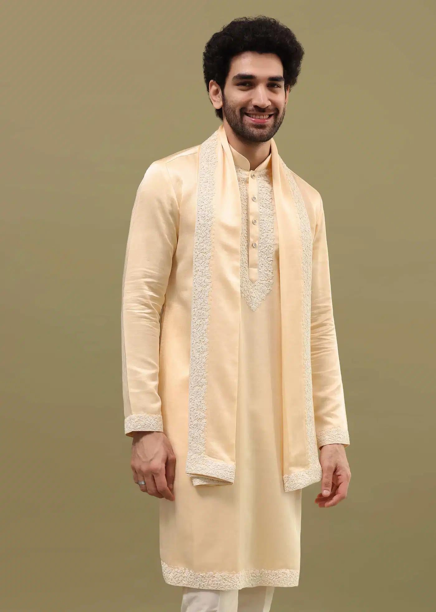 Beige Kurta Set In Resham Work With Dupatta For Men Elegant Designer Kurta Sets
