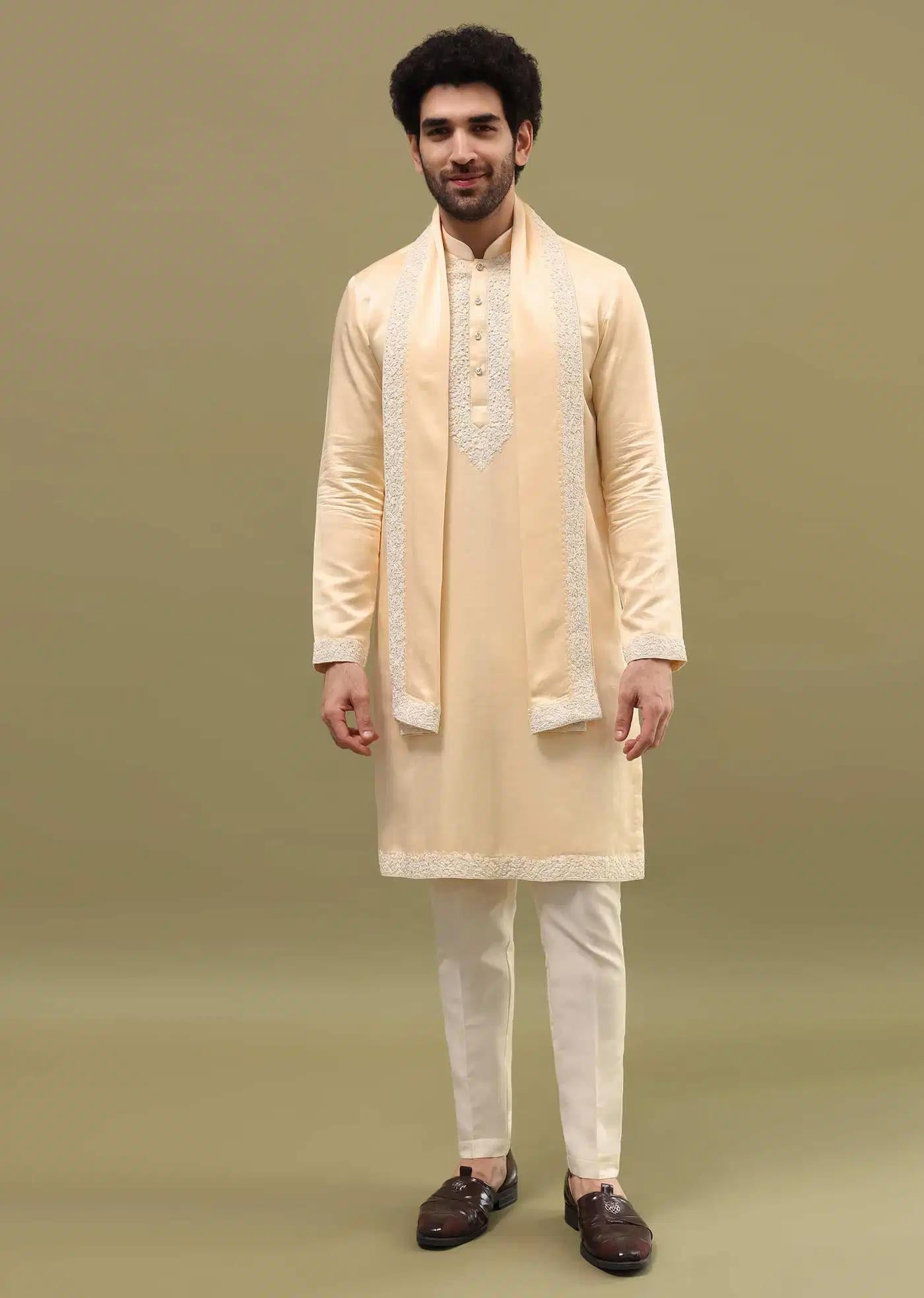 Beige Kurta Set In Resham Work With Dupatta For Men Elegant Designer Kurta Sets