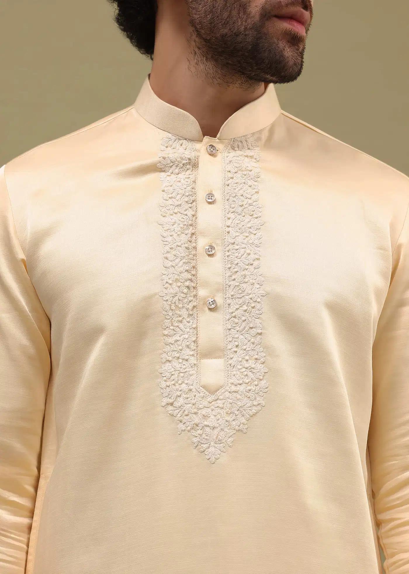 Beige Kurta Set In Resham Work With Dupatta For Men Elegant Designer Kurta Sets