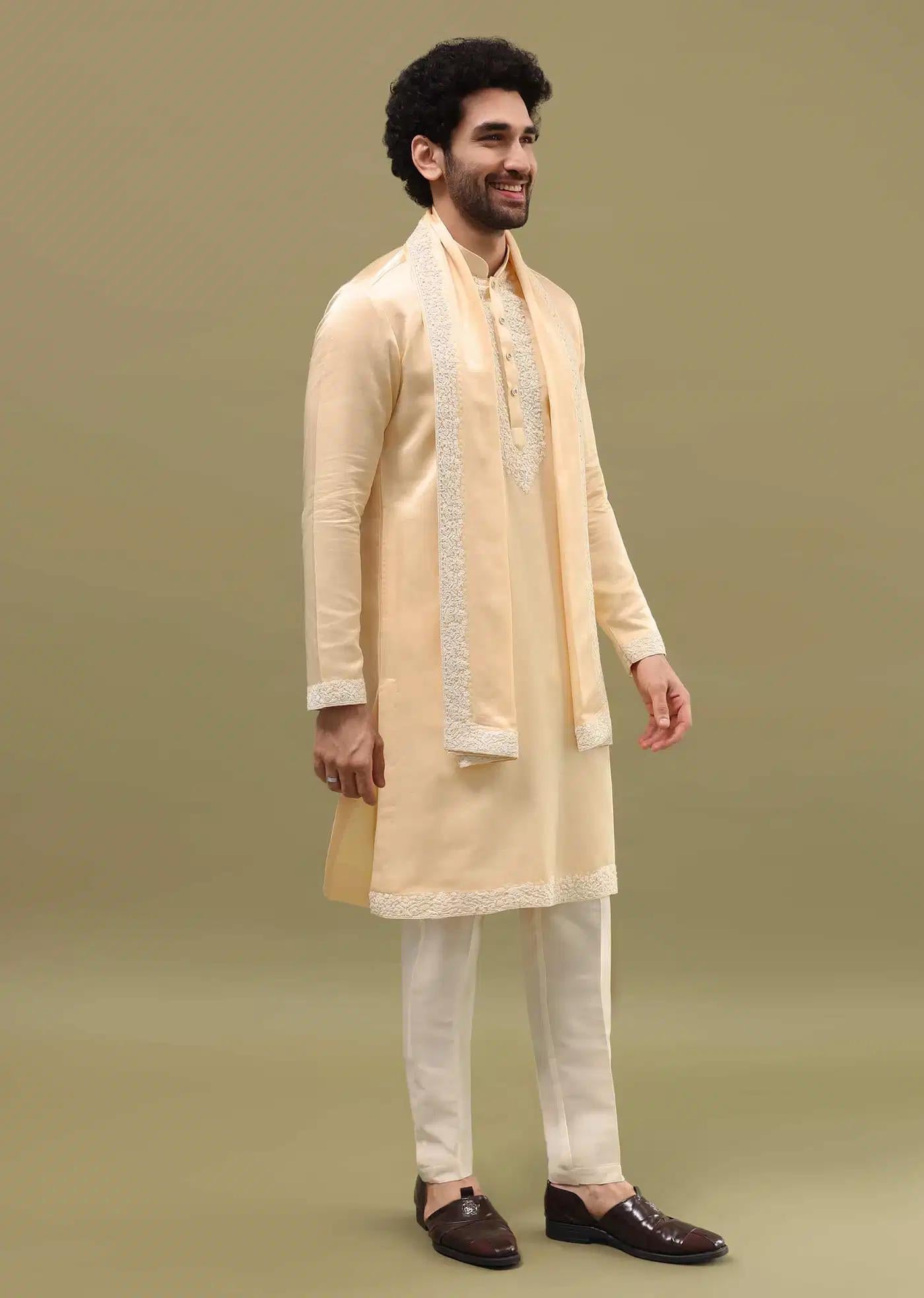Beige Kurta Set In Resham Work With Dupatta For Men Elegant Designer Kurta Sets