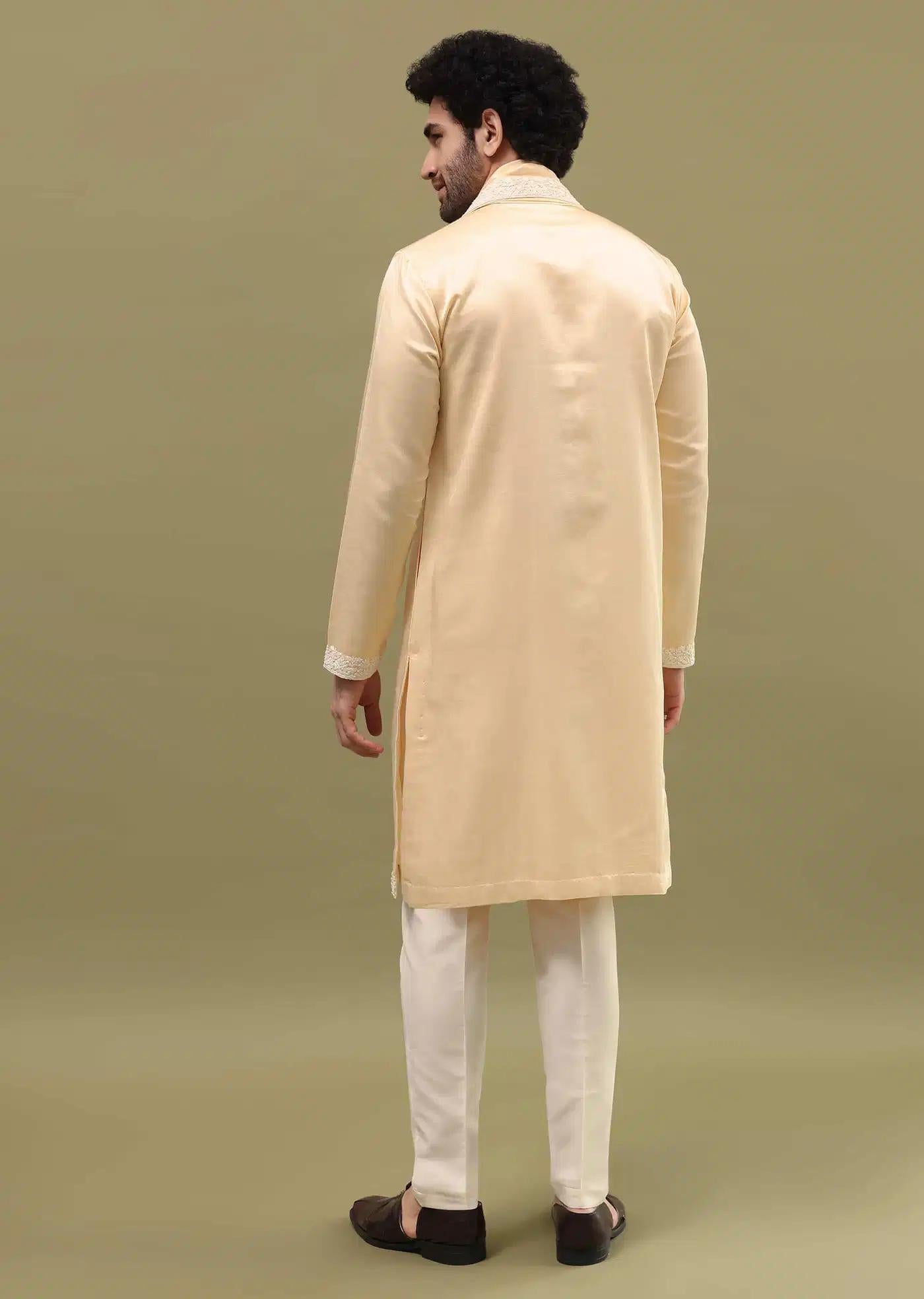 Beige Kurta Set In Resham Work With Dupatta For Men Elegant Designer Kurta Sets