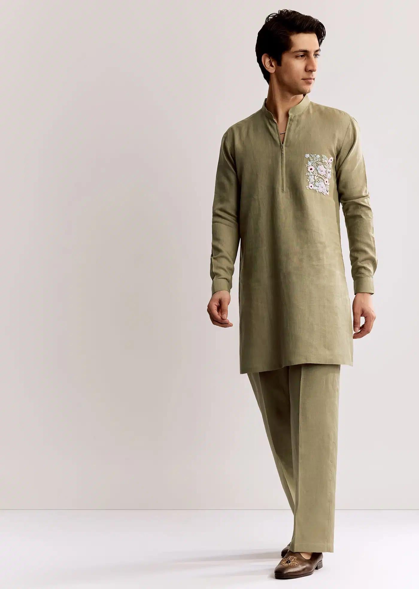 Beige Linen Kurta Set With Embroidery Elegant Designer Kurta Sets