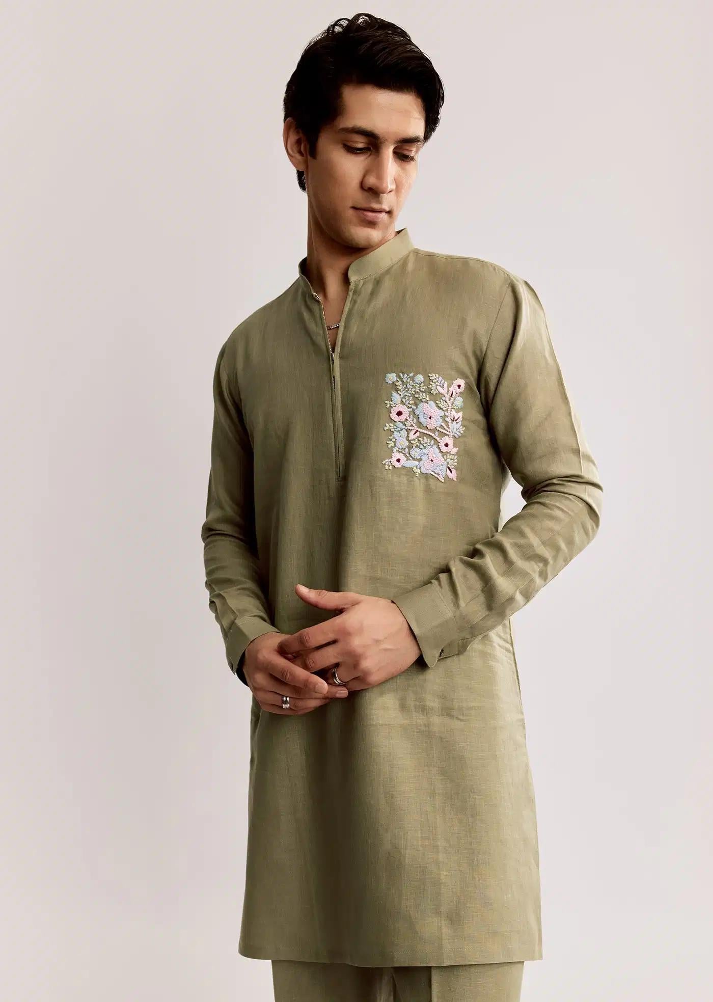 Beige Linen Kurta Set With Embroidery Elegant Designer Kurta Sets