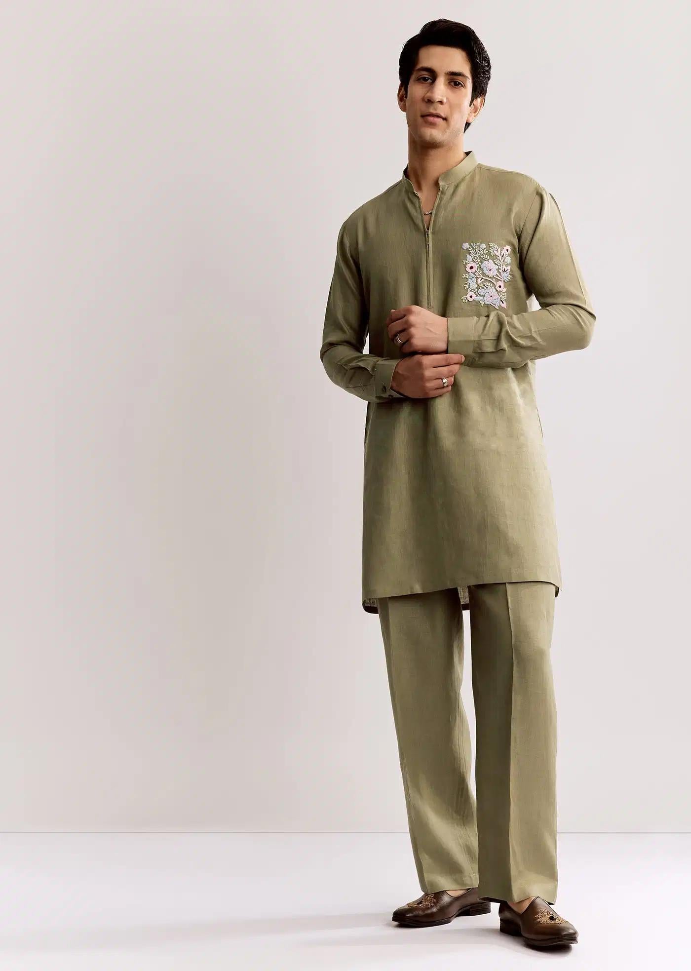 Beige Linen Kurta Set With Embroidery Elegant Designer Kurta Sets