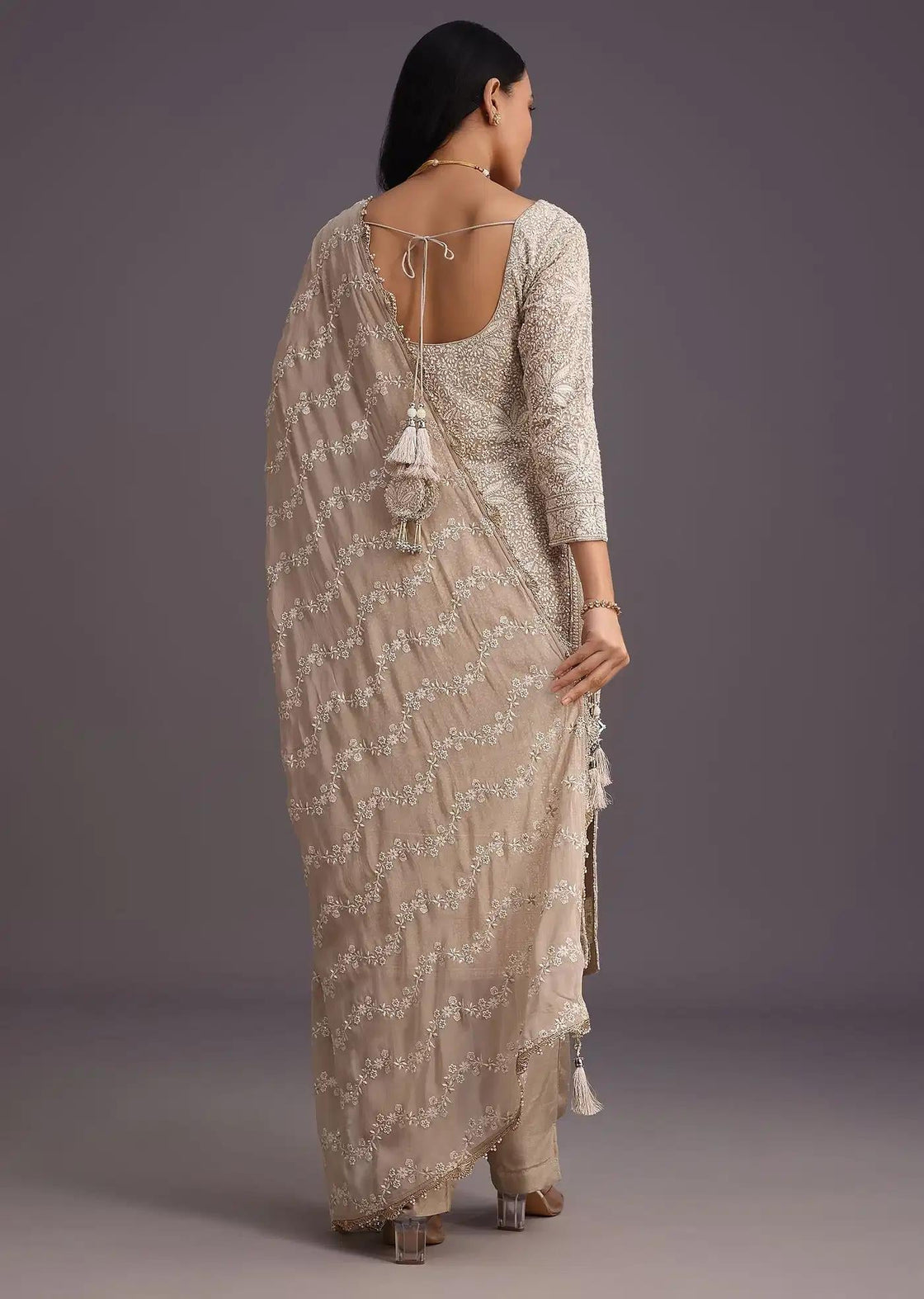 Beige Lucknowi Detailing Tunic Ensemble Drape