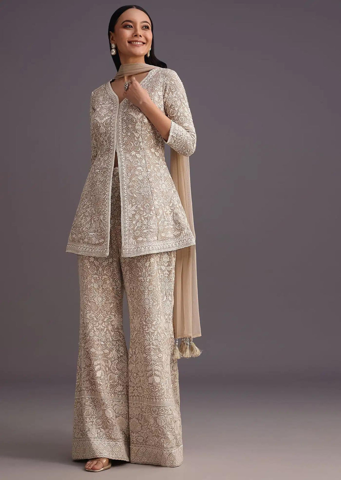 Beige Lucknowi Kurti Palazzo Trousers Featuring Net Drape