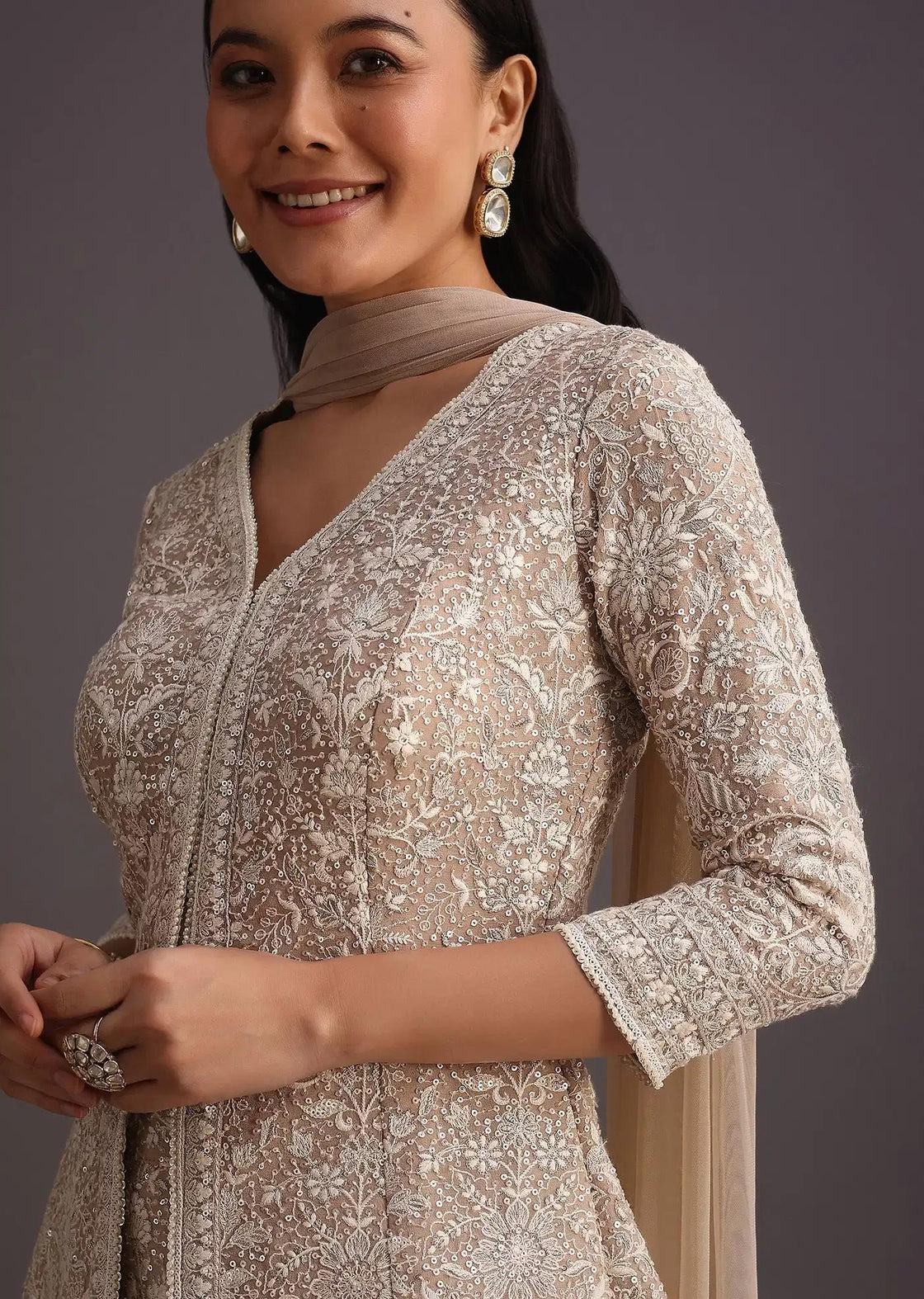 Beige Lucknowi Kurti Palazzo Trousers Featuring Net Drape