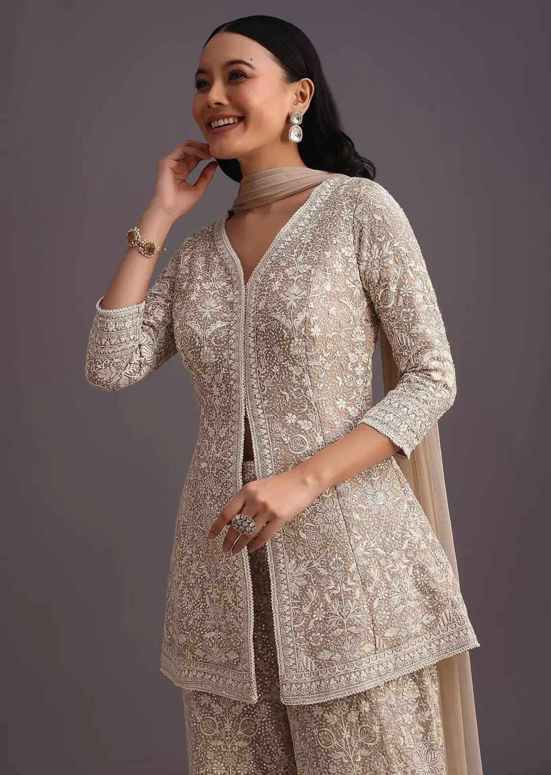 Beige Lucknowi Kurti Palazzo Trousers Featuring Net Drape