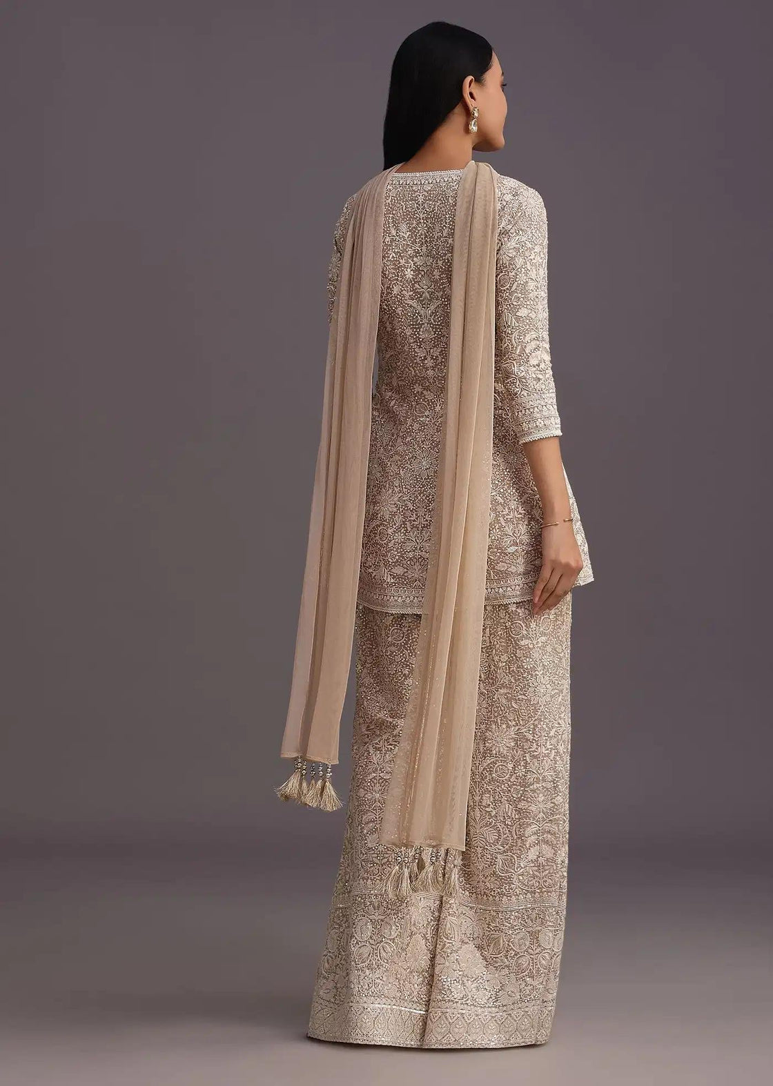 Beige Lucknowi Kurti Palazzo Trousers Featuring Net Drape