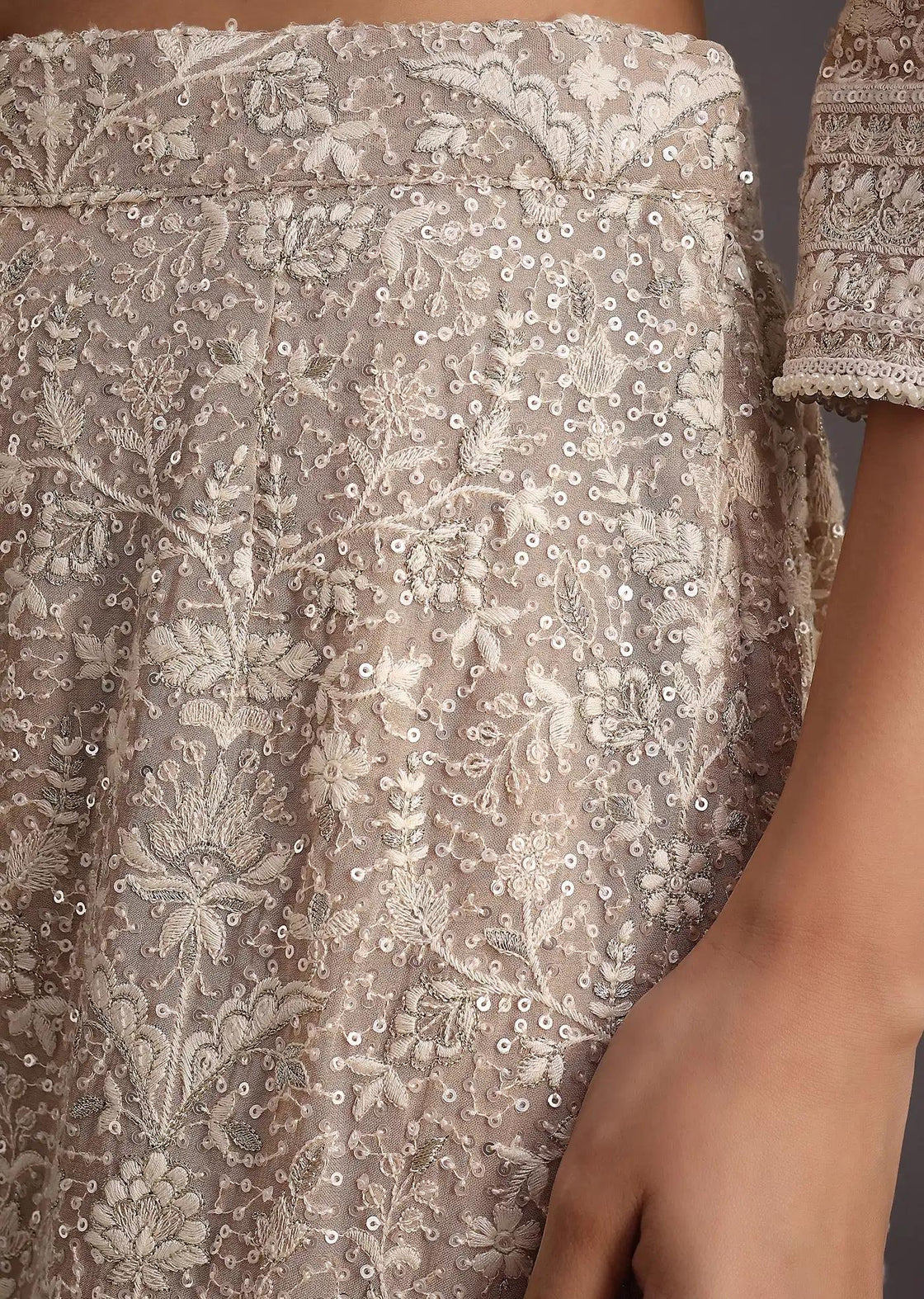 Beige Lucknowi Kurti Palazzo Trousers Featuring Net Drape