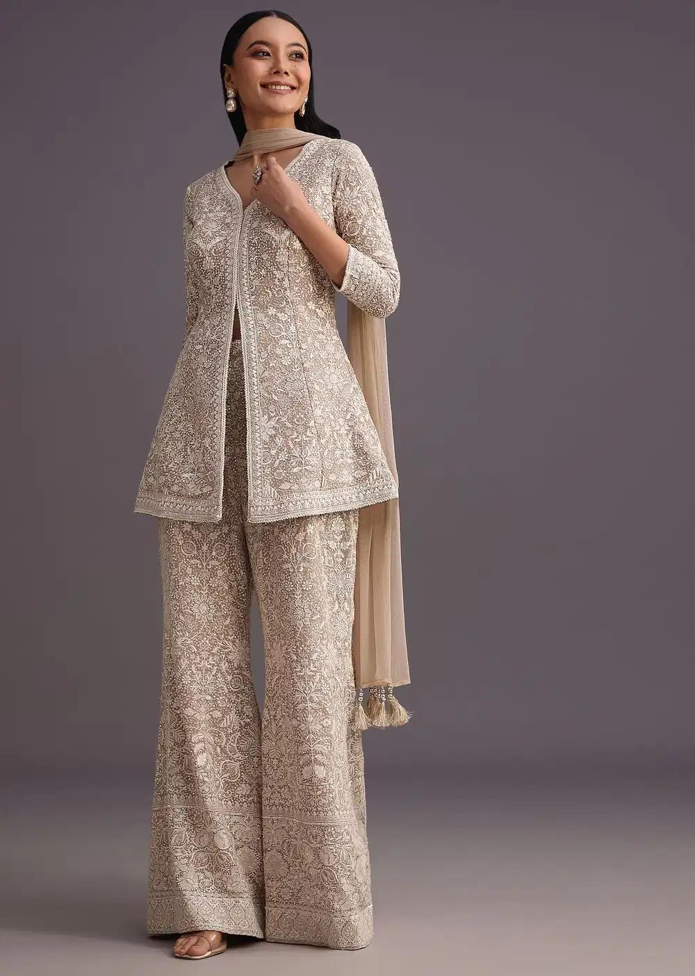 Beige Lucknowi Kurti Palazzo Trousers Featuring Net Drape