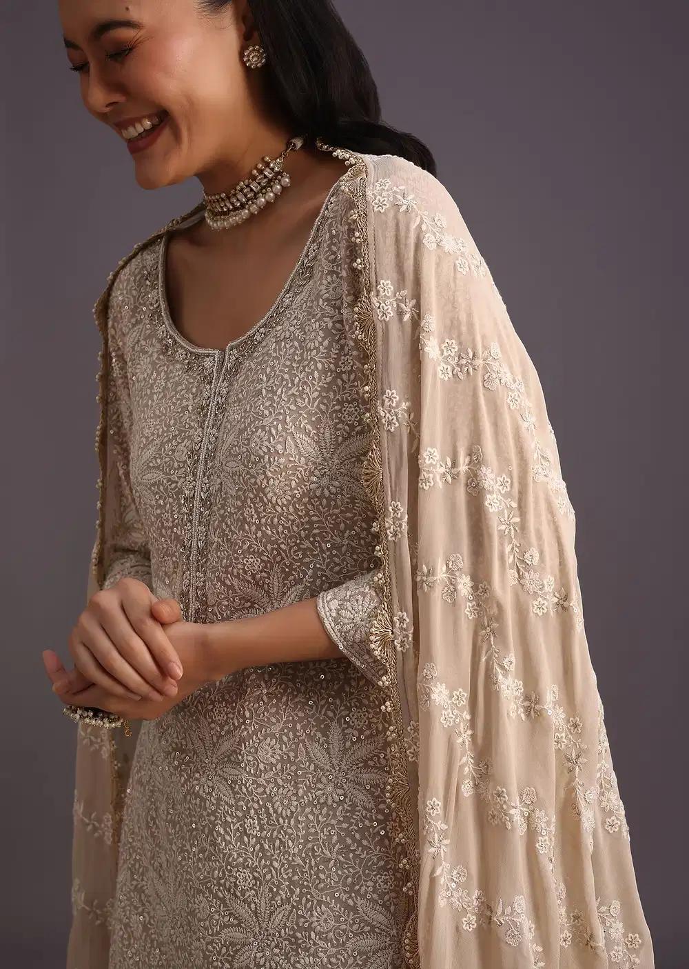 Beige Lucknowi Work Kurta Ensemble And Dupatta Outfit