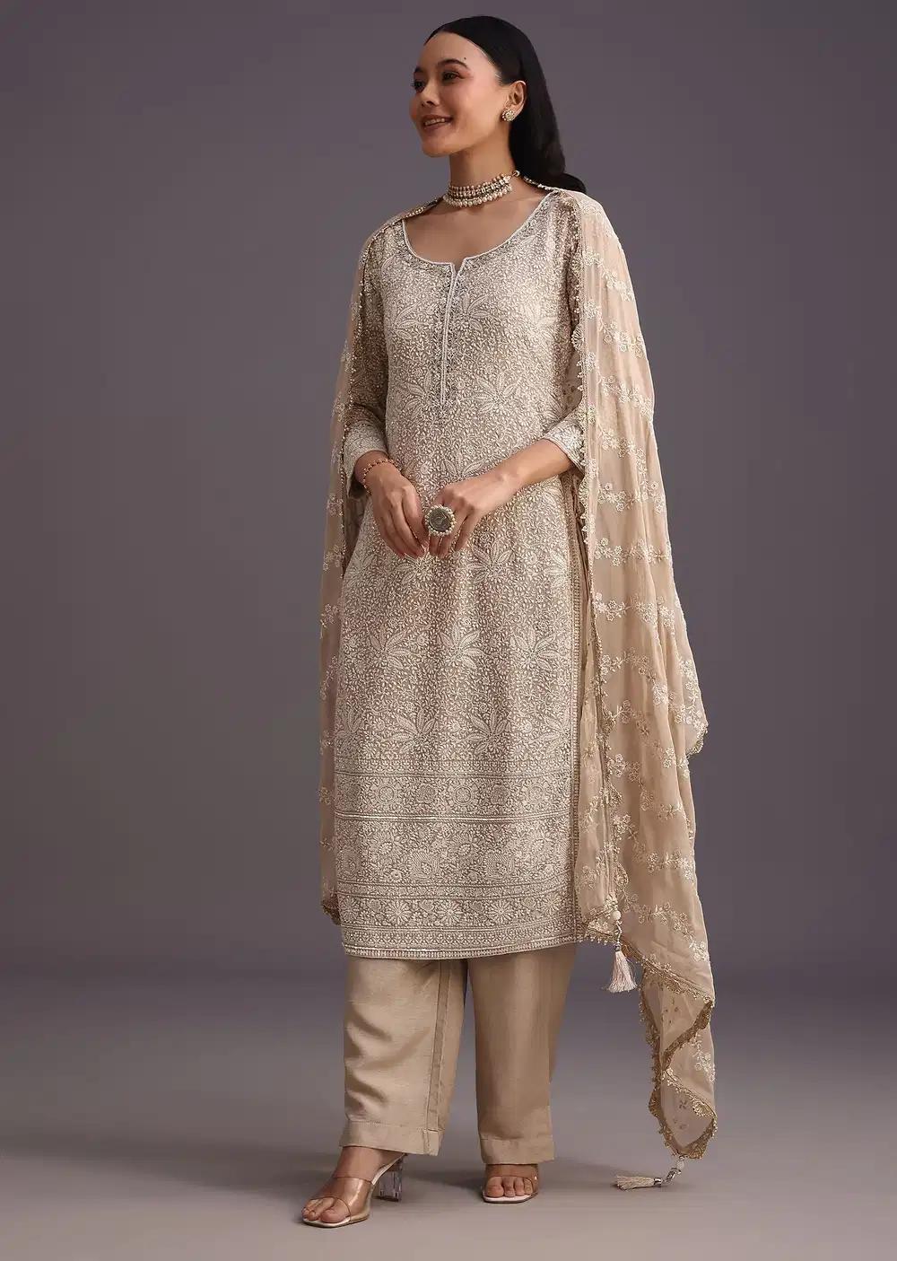 Beige Lucknowi Work Kurta Ensemble And Dupatta Outfit