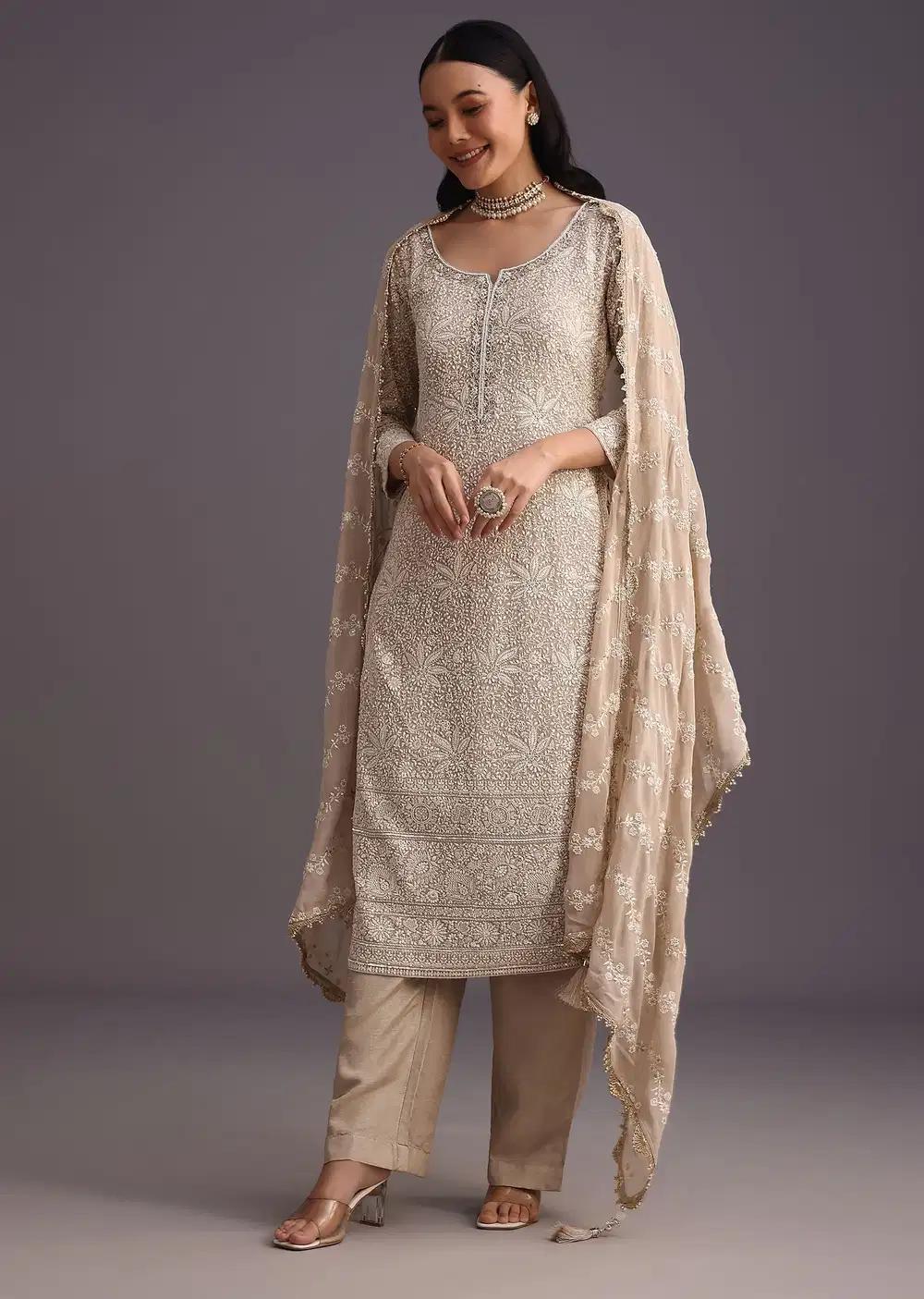 Beige Lucknowi Work Kurta Ensemble And Dupatta Outfit