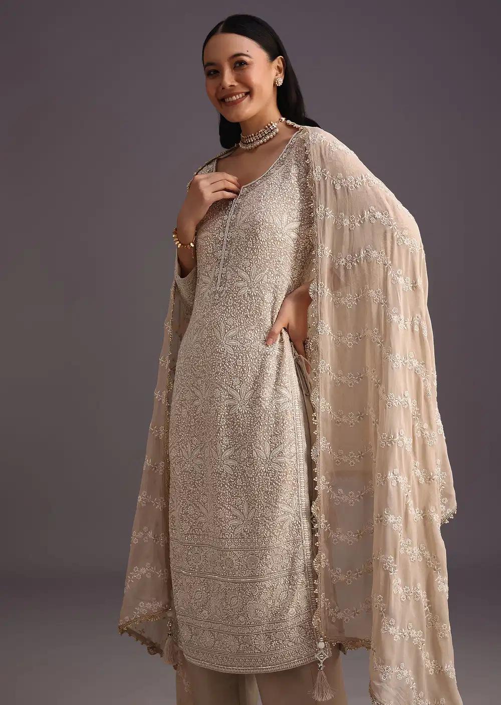 Beige Lucknowi Work Kurta Ensemble And Dupatta Outfit