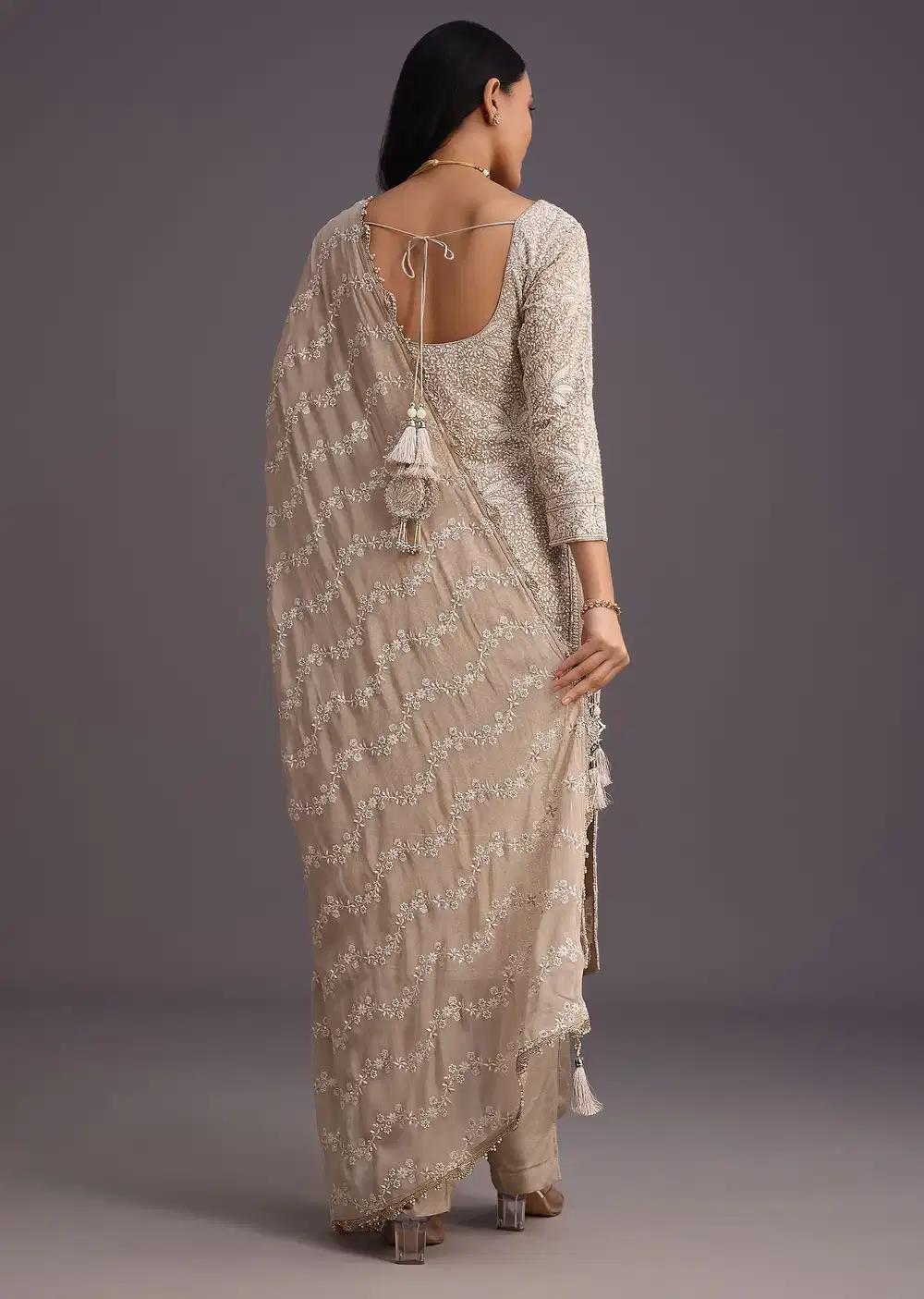 Beige Lucknowi Work Kurta Ensemble And Dupatta Outfit