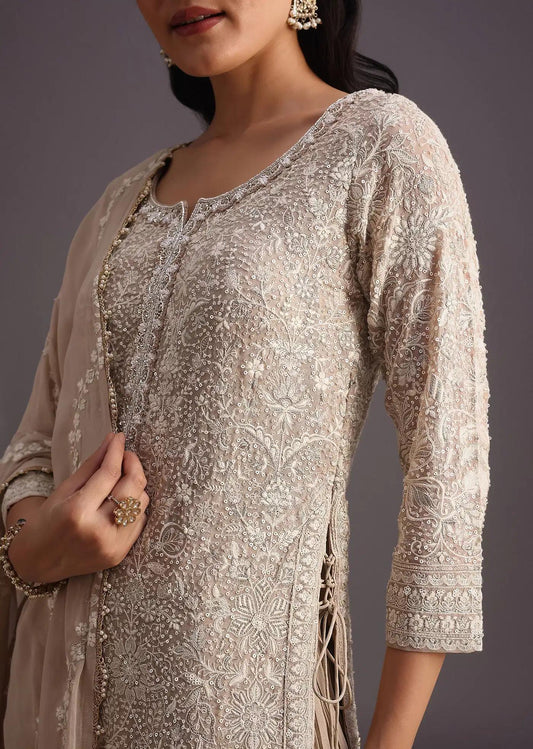 Beige Lucknowi Kurta Set Featuring Flared Palazzo Trousers Resham Detailing Drape