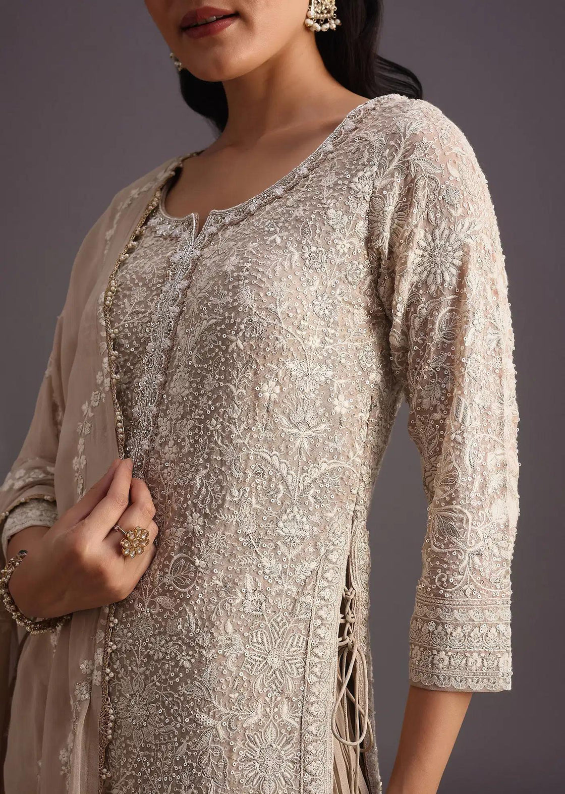 Beige Lucknowi Kurta Set Featuring Flared Palazzo Trousers Resham Detailing Drape