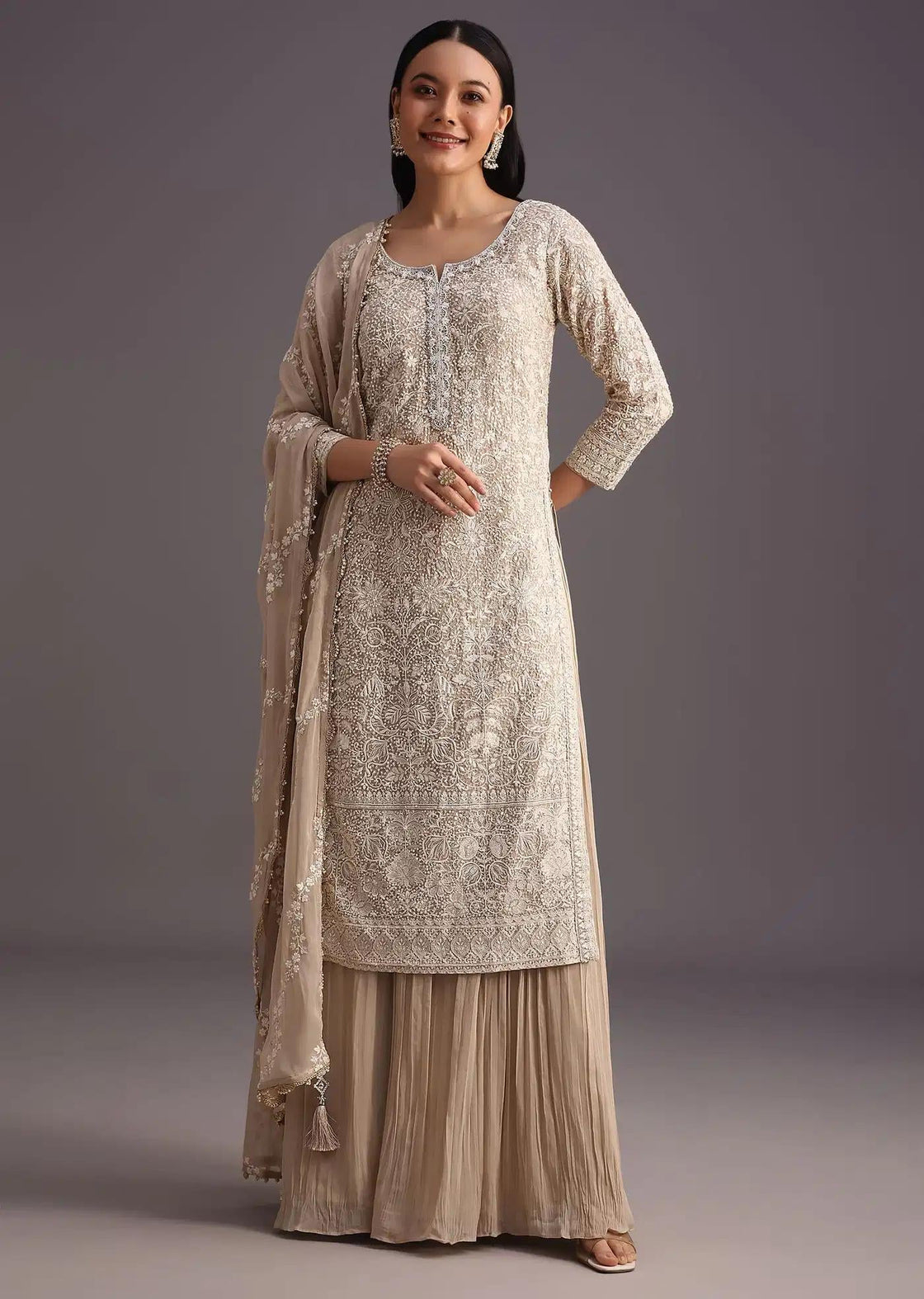 Beige Lucknowi Kurta Set Featuring Flared Palazzo Trousers Resham Detailing Drape