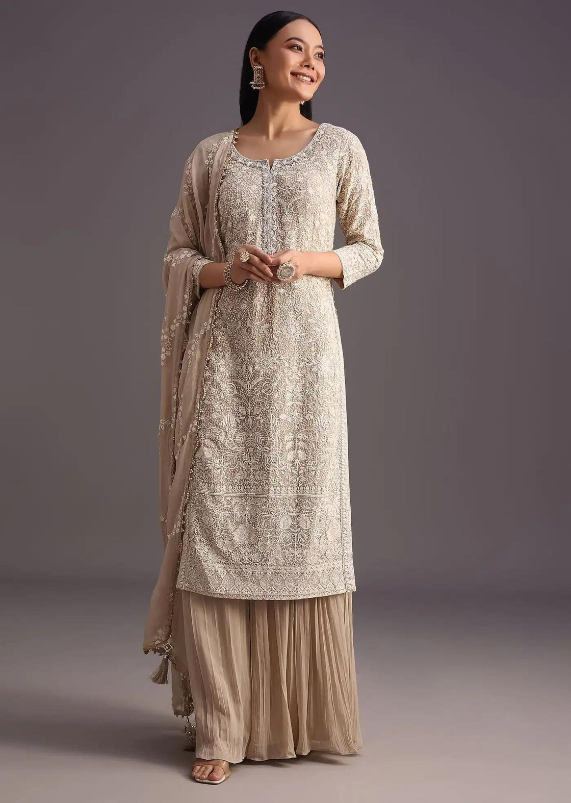 Beige Lucknowi Kurta Set Featuring Flared Palazzo Trousers Resham Detailing Drape