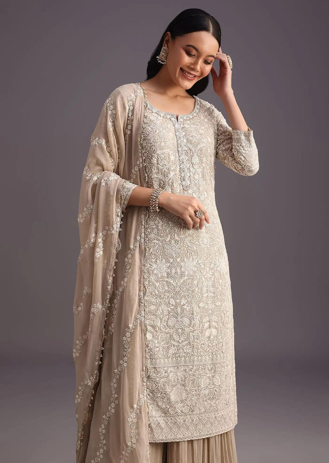 Beige Lucknowi Kurta Set Featuring Flared Palazzo Trousers Resham Detailing Drape