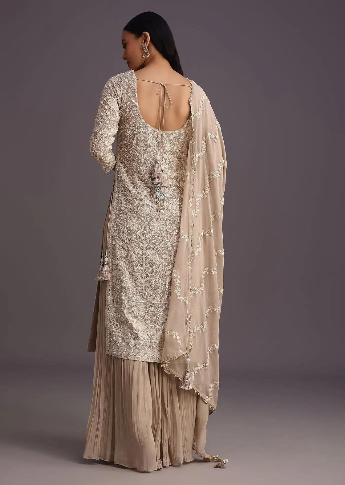 Beige Lucknowi Kurta Set Featuring Flared Palazzo Trousers Resham Detailing Drape