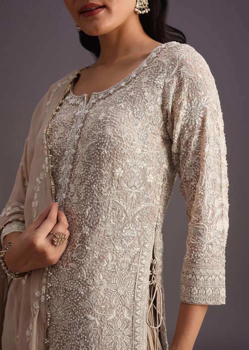 Beige Lucknowi Kurta Set Featuring Flared Palazzo Trousers Resham Detailing Drape