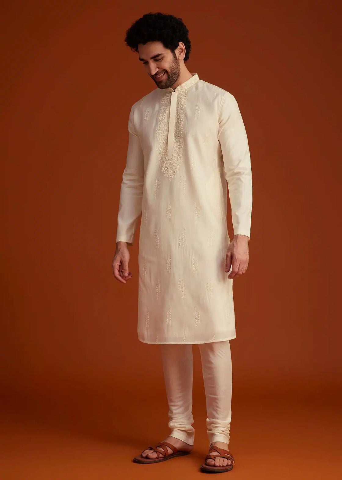 Beige Minimal Embroidered Kurta Pajama Set Elegant Designer Kurta Sets