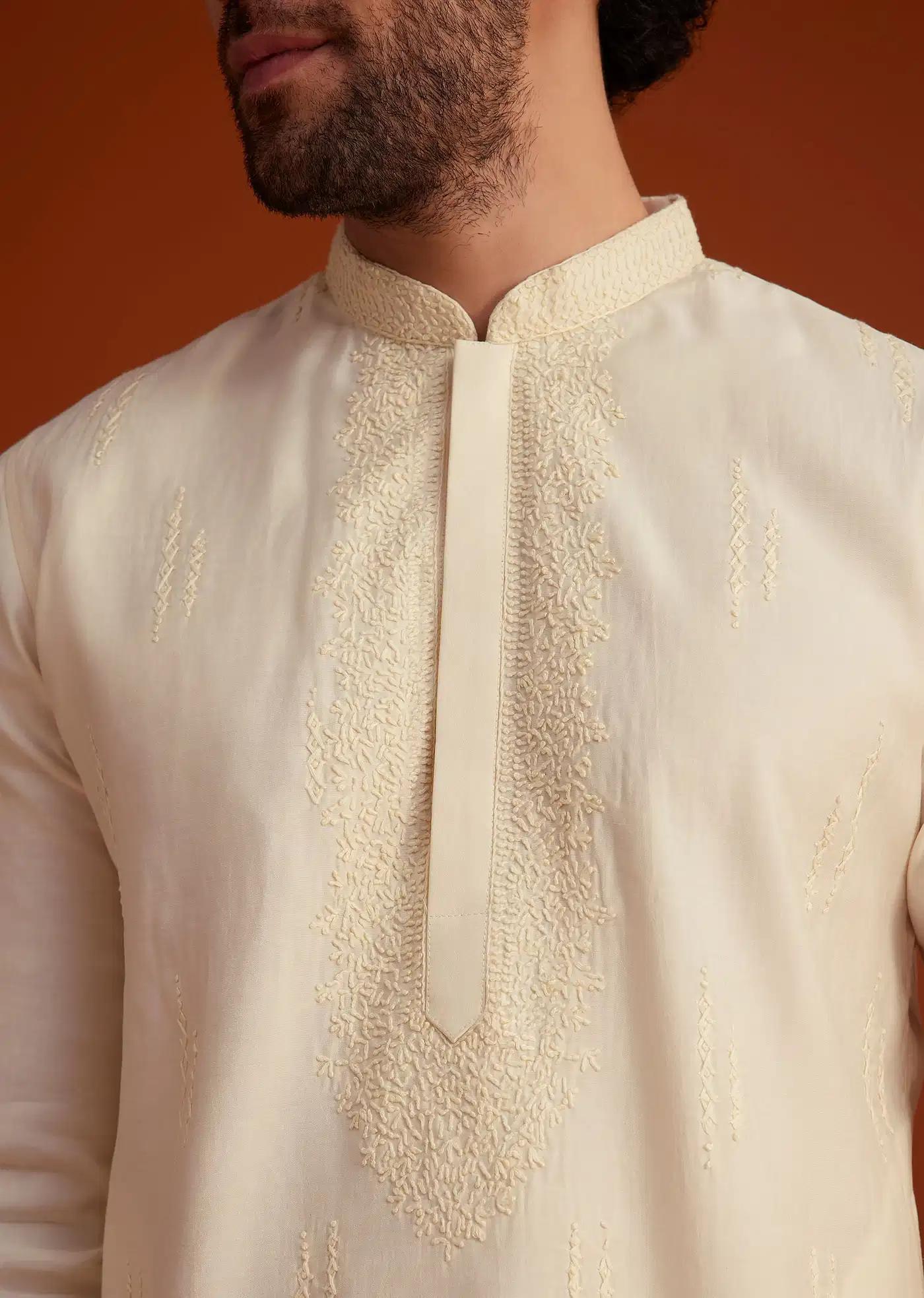 Beige Minimal Embroidered Kurta Pajama Set Elegant Designer Kurta Sets