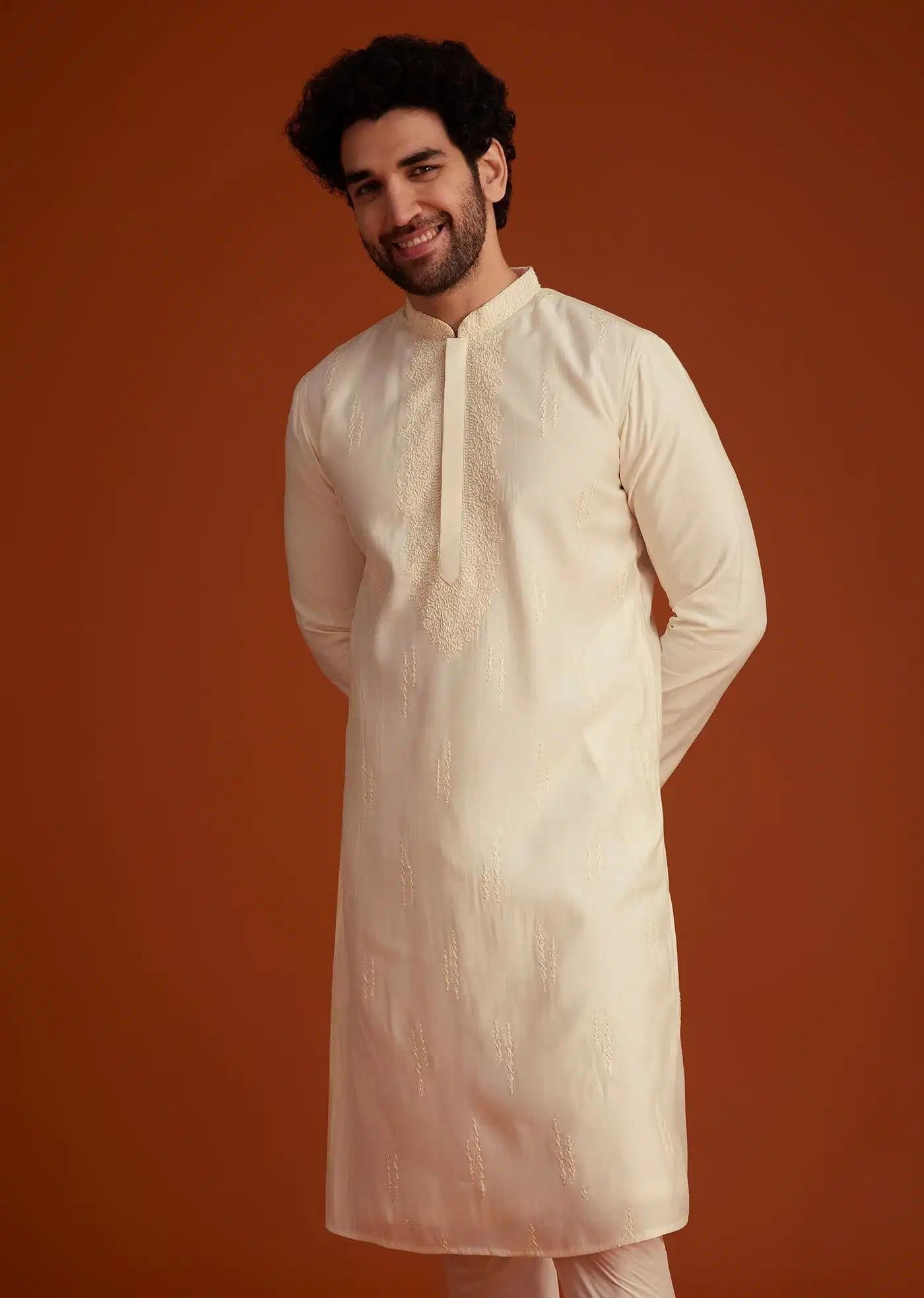 Beige Minimal Embroidered Kurta Pajama Set Elegant Designer Kurta Sets