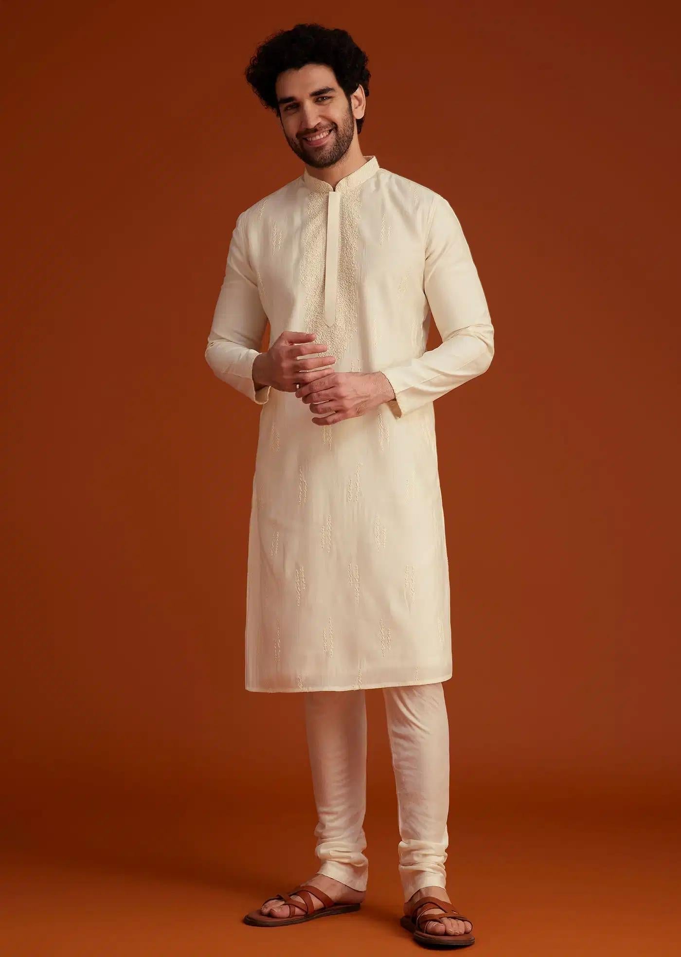 Beige Minimal Embroidered Kurta Pajama Set Elegant Designer Kurta Sets